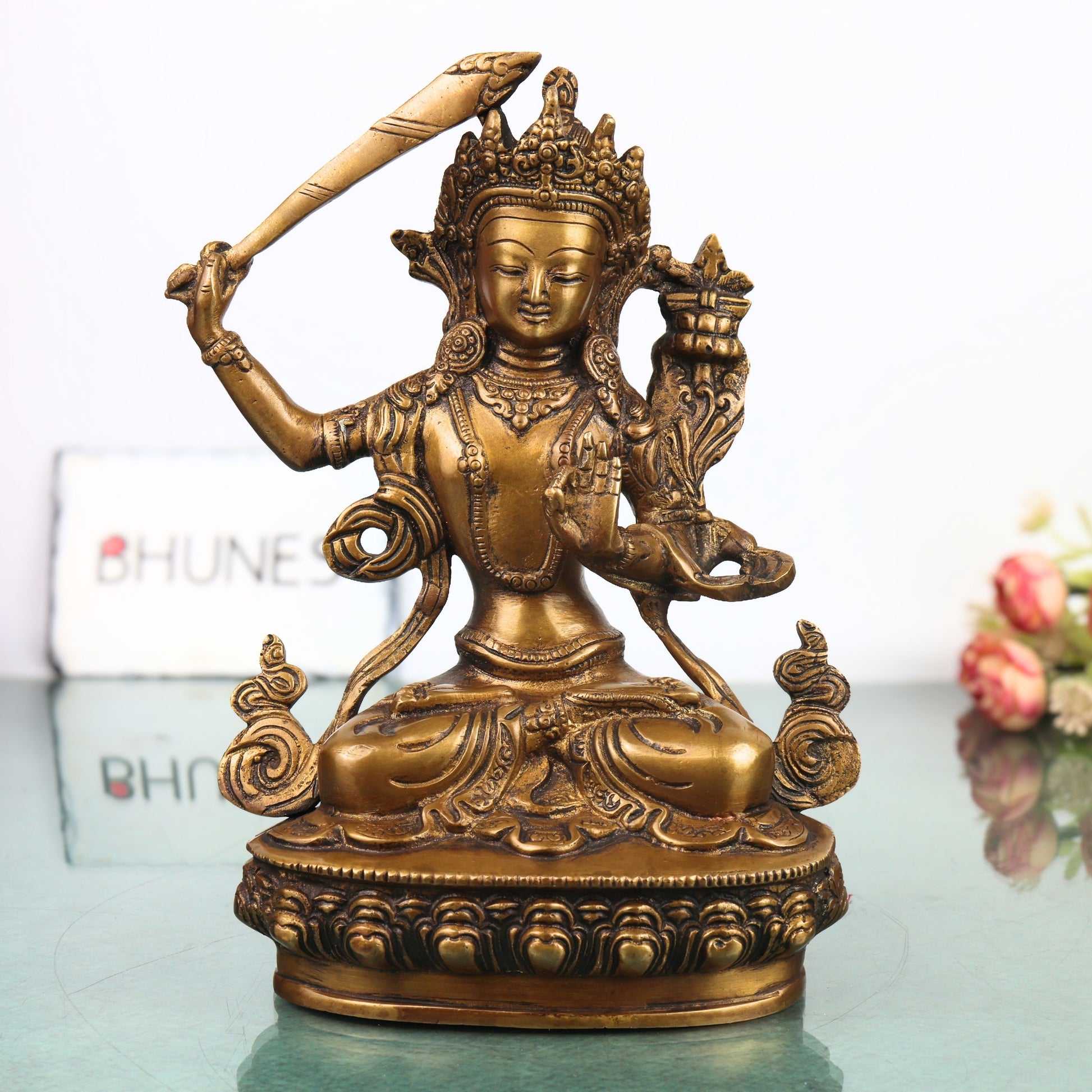 Brass Manjushri Bodhisattva Sculpture Idol for Pooja, Meditation, Home Decor, Gifting, Handcrafted Traditional Art, Gold, 9.5 Inch, 1 Piece