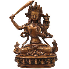 Brass Manjushri Bodhisattva Sculpture Idol for Pooja, Meditation, Home Decor, Gifting, Handcrafted Traditional Art, Gold, 9.5 Inch, 1 Piece