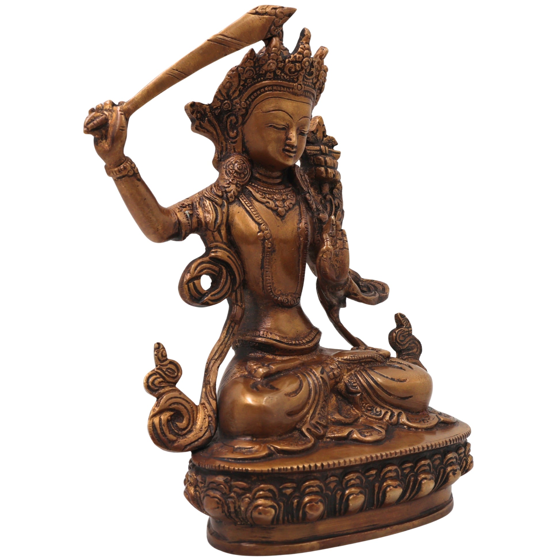 Brass Manjushri Bodhisattva Sculpture Idol for Pooja, Meditation, Home Decor, Gifting, Handcrafted Traditional Art, Gold, 9.5 Inch, 1 Piece