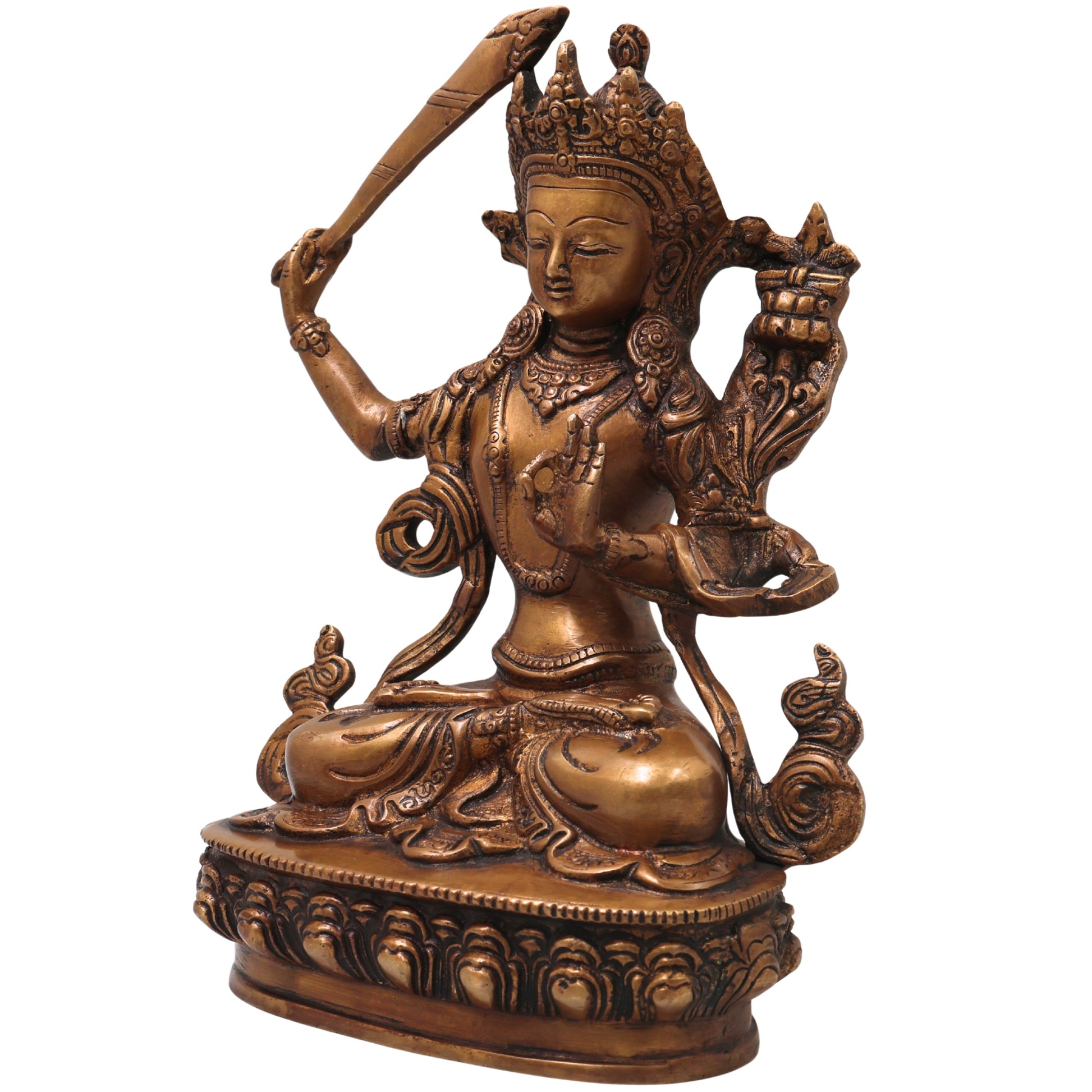 Brass Manjushri Bodhisattva Sculpture Idol for Pooja, Meditation, Home Decor, Gifting, Handcrafted Traditional Art, Gold, 9.5 Inch, 1 Piece