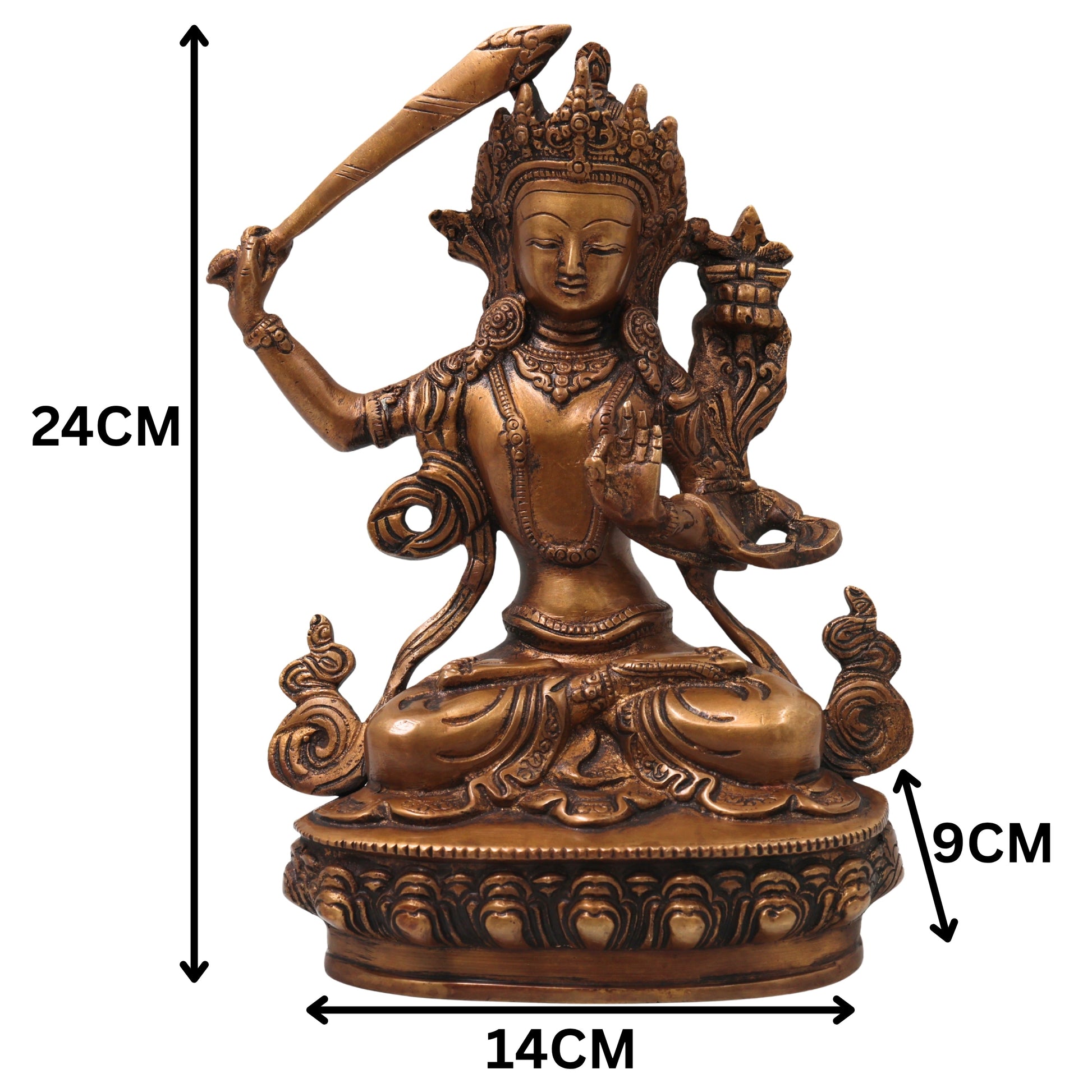 Brass Manjushri Bodhisattva Sculpture Idol for Pooja, Meditation, Home Decor, Gifting, Handcrafted Traditional Art, Gold, 9.5 Inch, 1 Piece
