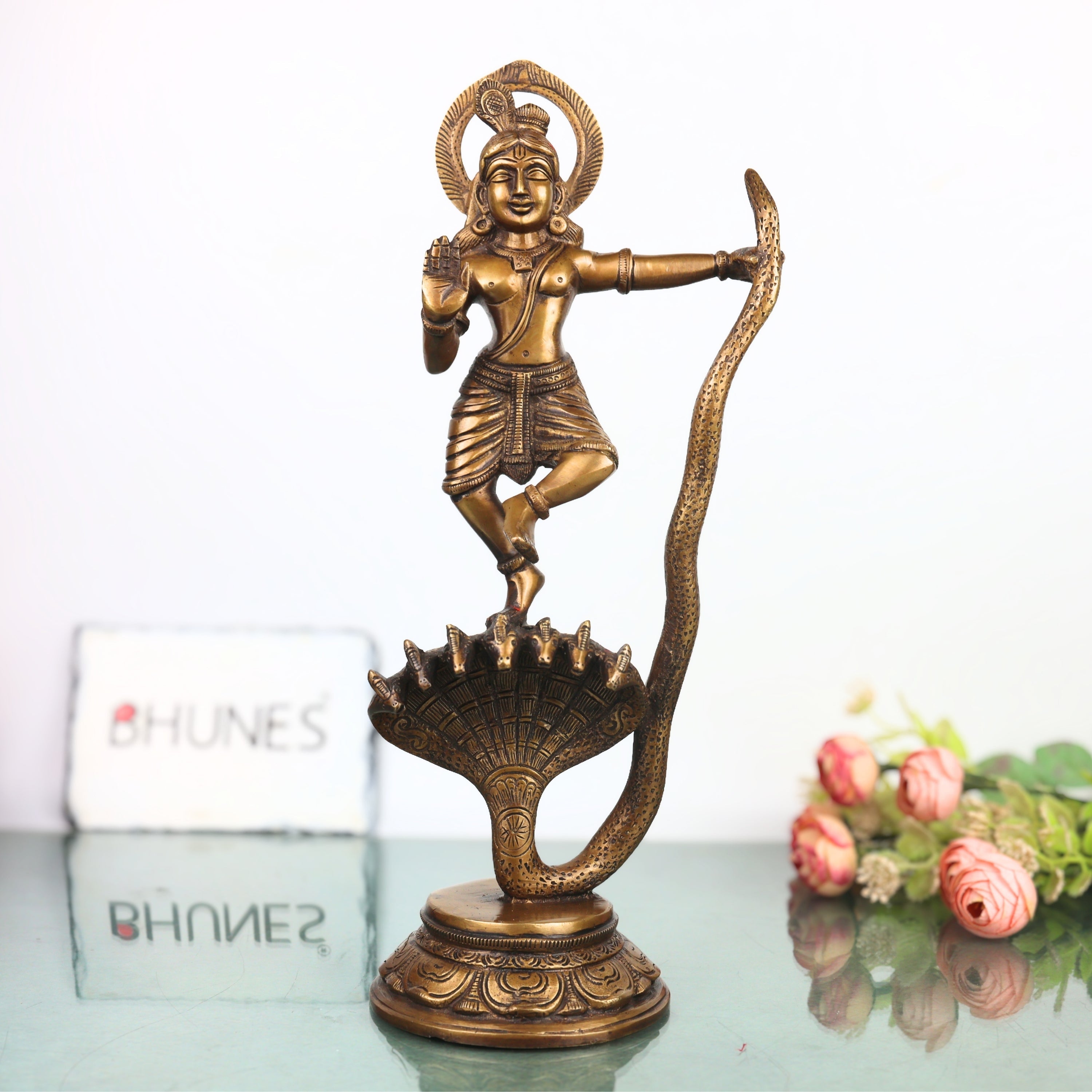 Brass Krishna Kaliya Daman Idol, Kalinga Narthana Murti, Handcrafted Traditional Chola Pooja Decor Gift Statue, Gold, 14 Inch, 1 Piece