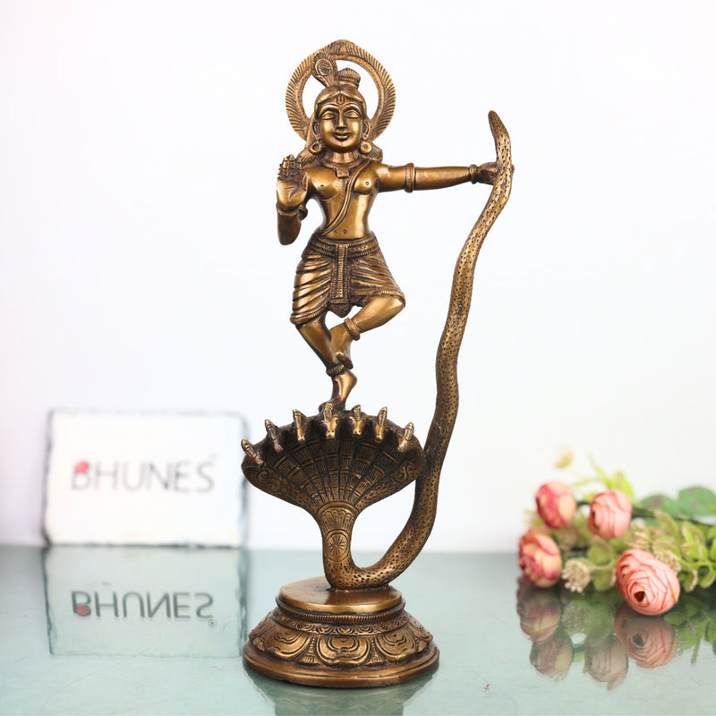 Brass Krishna Kaliya Daman Idol, Kalinga Narthana Murti, Handcrafted Traditional Chola Pooja Decor Gift Statue, Gold, 14 Inch, 1 Piece