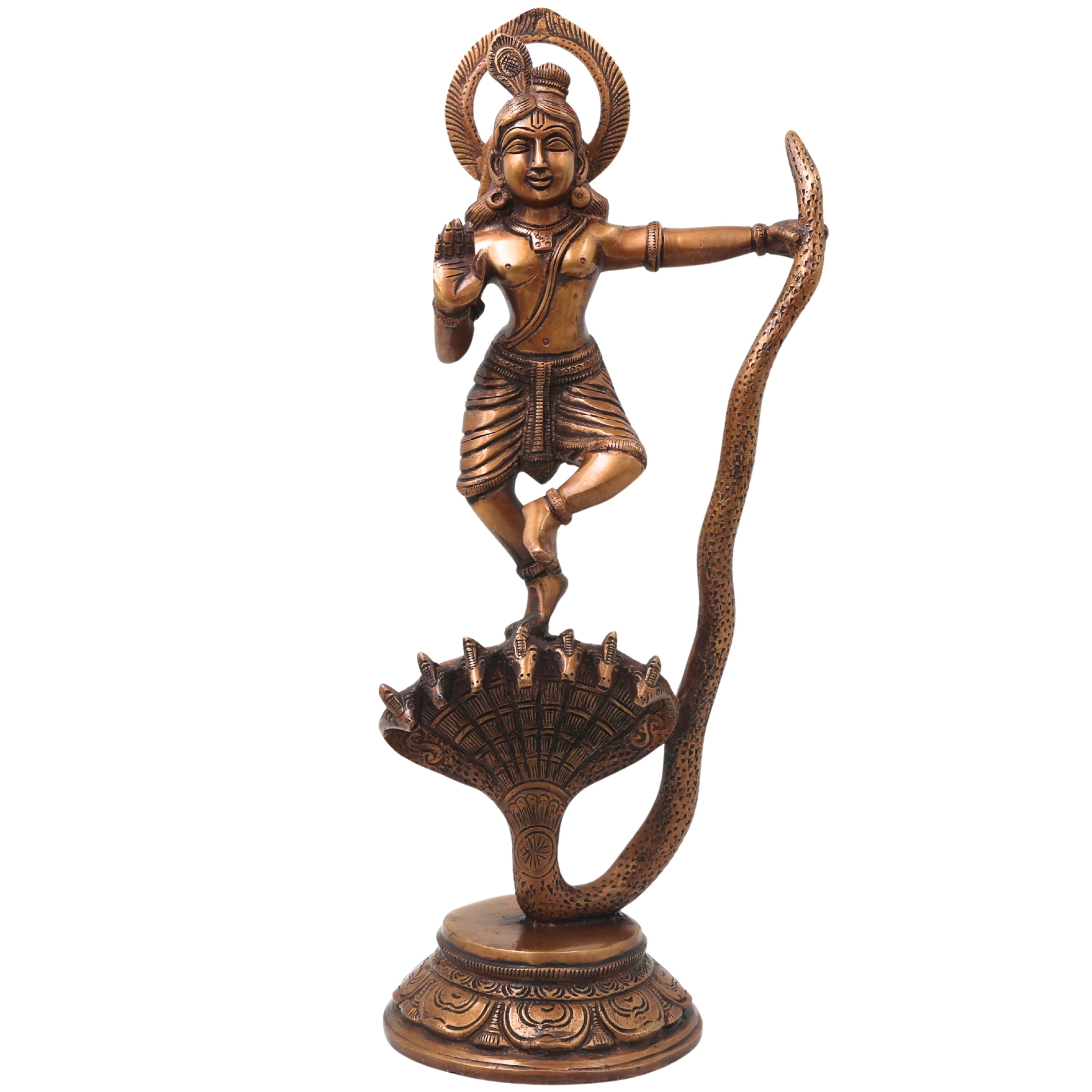 Brass Krishna Kaliya Daman Idol, Kalinga Narthana Murti, Handcrafted Traditional Chola Pooja Decor Gift Statue, Gold, 14 Inch, 1 Piece