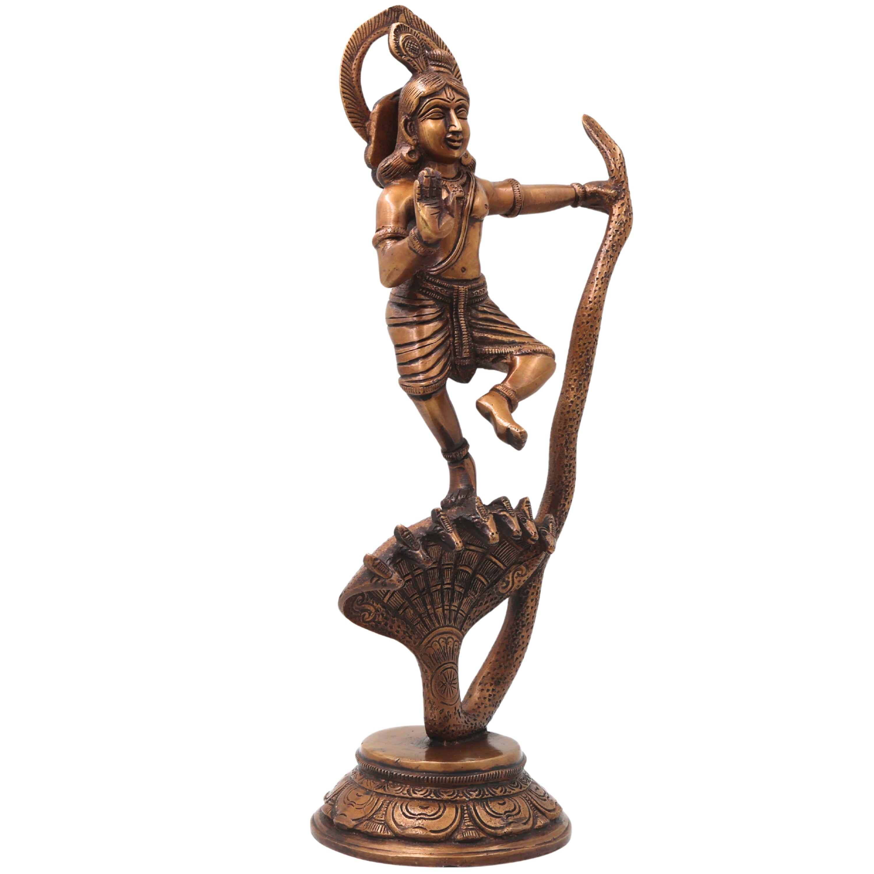 Brass Krishna Kaliya Daman Idol, Kalinga Narthana Murti, Handcrafted Traditional Chola Pooja Decor Gift Statue, Gold, 14 Inch, 1 Piece