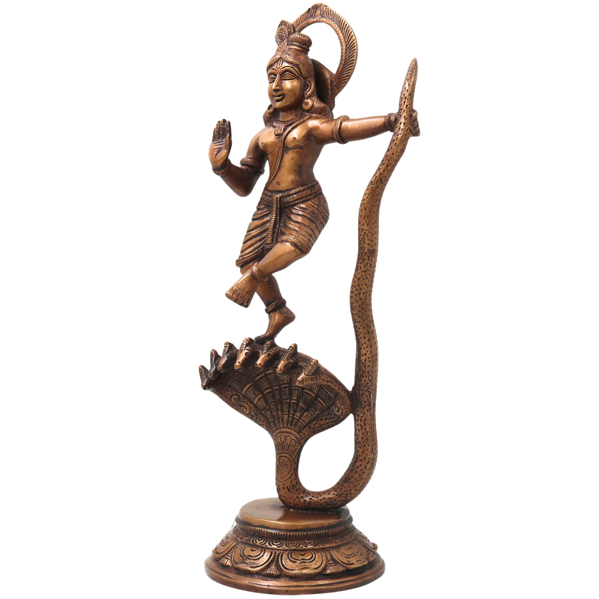 Brass Krishna Kaliya Daman Idol, Kalinga Narthana Murti, Handcrafted Traditional Chola Pooja Decor Gift Statue, Gold, 14 Inch, 1 Piece