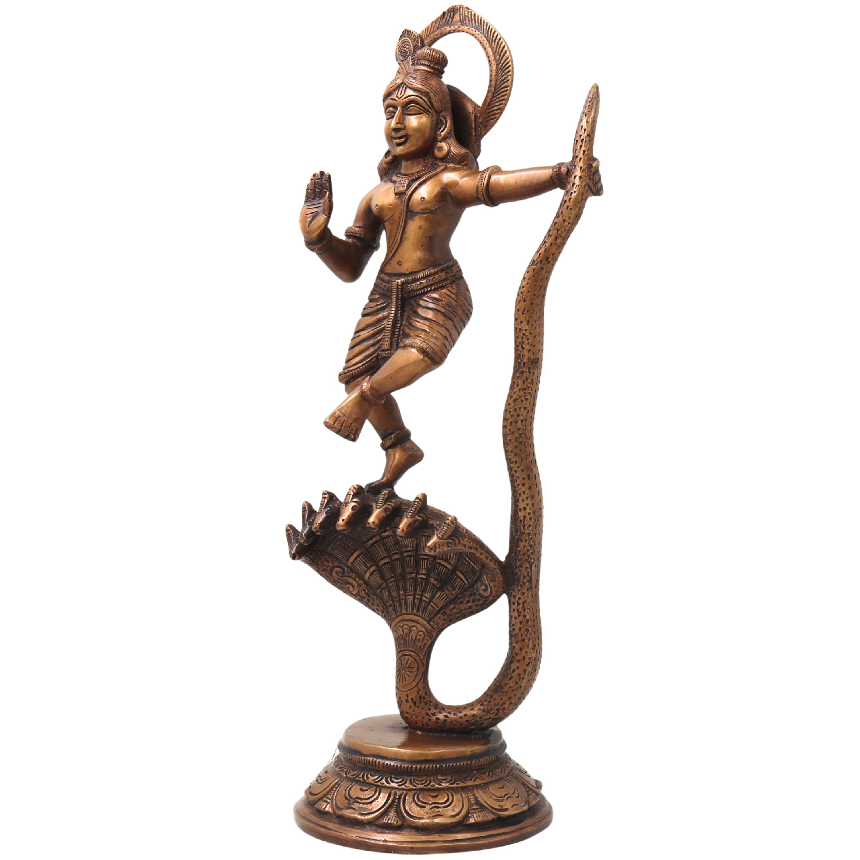 Brass Krishna Kaliya Daman Idol, Kalinga Narthana Murti, Handcrafted Traditional Chola Pooja Decor Gift Statue, Gold, 14 Inch, 1 Piece