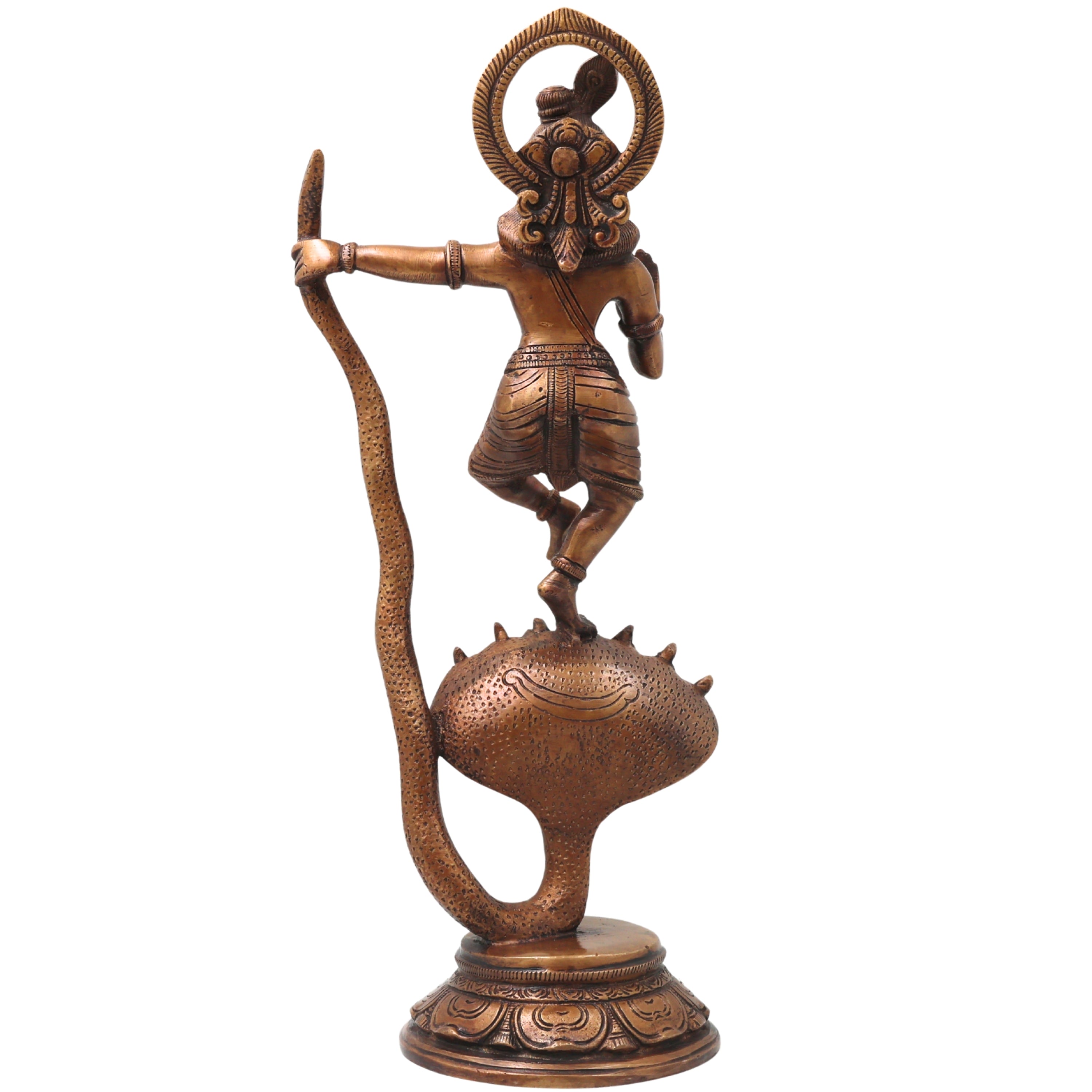 Brass Krishna Kaliya Daman Idol, Kalinga Narthana Murti, Handcrafted Traditional Chola Pooja Decor Gift Statue, Gold, 14 Inch, 1 Piece