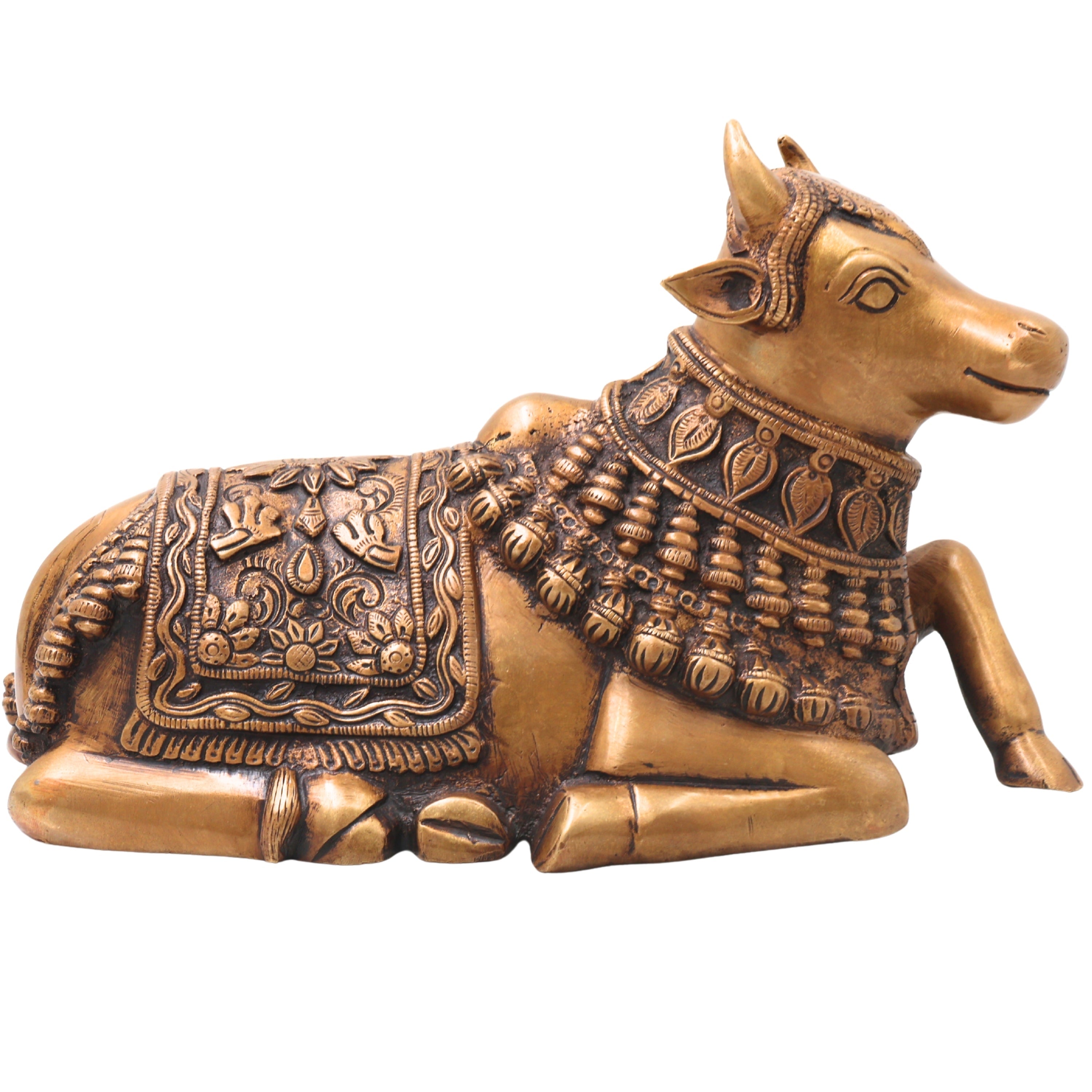 Brass Nandikeshwara Nandi Idol, Handcrafted Traditional Chola Vrishabha Murti for Pooja, Decor & Gifting, Gold, 6.5 Inch, 1 Piece