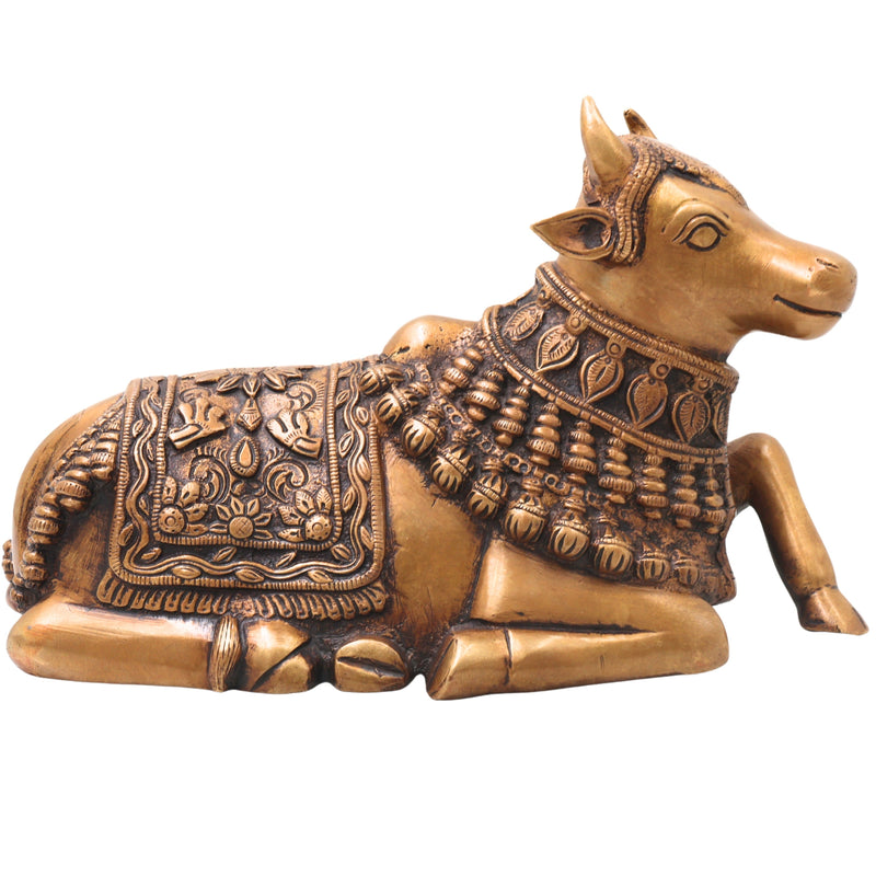 Brass Nandikeshwara Nandi Idol, Handcrafted Traditional Chola Vrishabha Murti for Pooja, Decor & Gifting, Gold, 6.5 Inch, 1 Piece