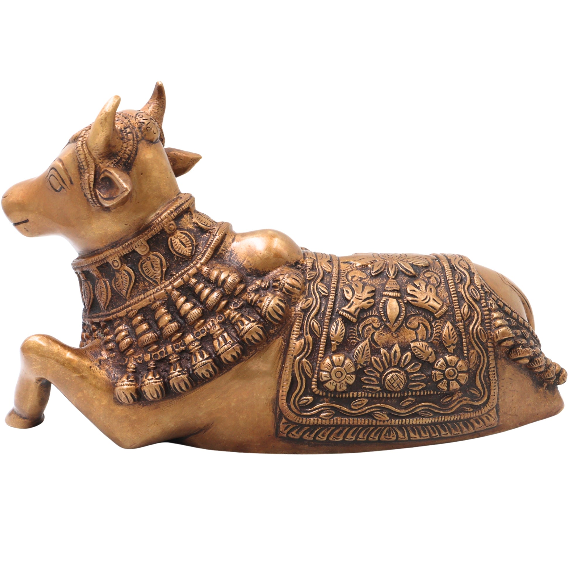 Brass Nandikeshwara Nandi Idol, Handcrafted Traditional Chola Vrishabha Murti for Pooja, Decor & Gifting, Gold, 6.5 Inch, 1 Piece