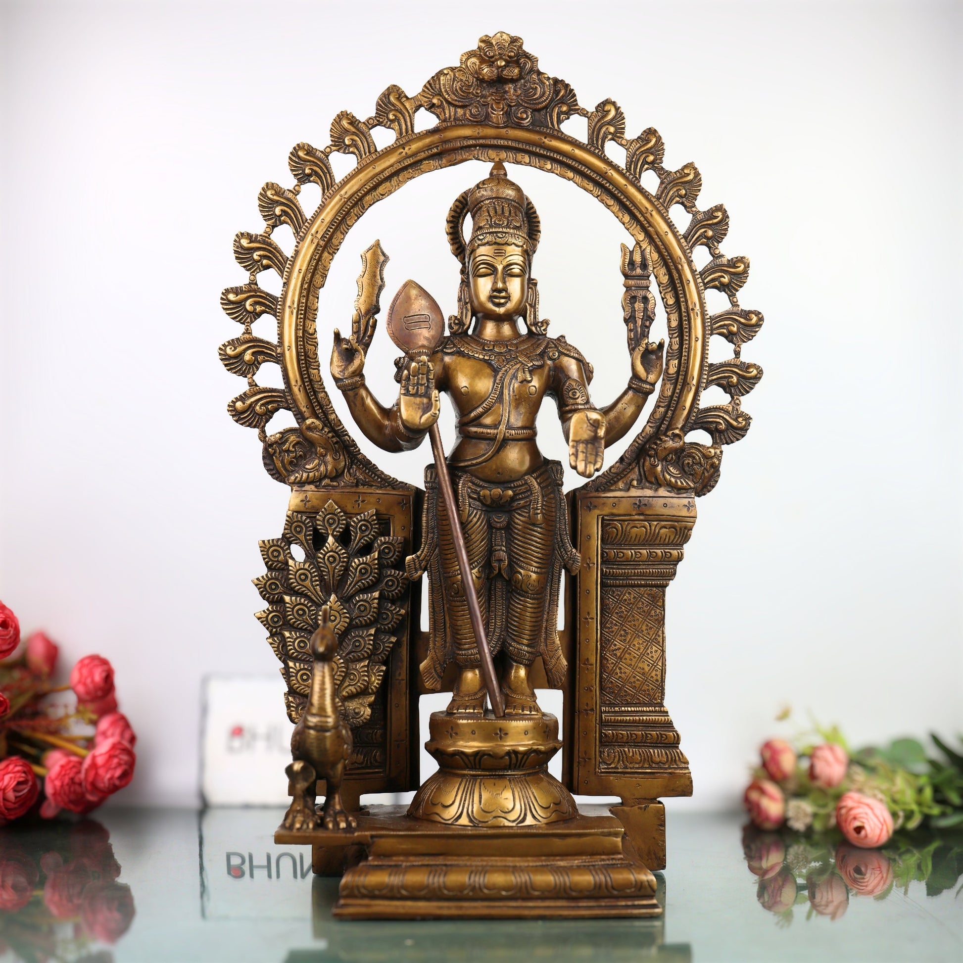 Brass Murugan Kartikeya Idol, Subrahmanya Skanda Kumaraswamy Murti for Pooja, Home Decor, Gifting, Traditional Chola Art, Gold, 22 Inch, 1 Piece