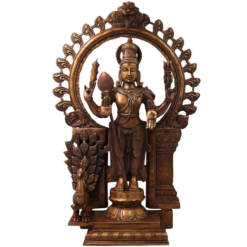 Brass Murugan Kartikeya Idol, Subrahmanya Skanda Kumaraswamy Murti for Pooja, Home Decor, Gifting, Traditional Chola Art, Gold, 22 Inch, 1 Piece