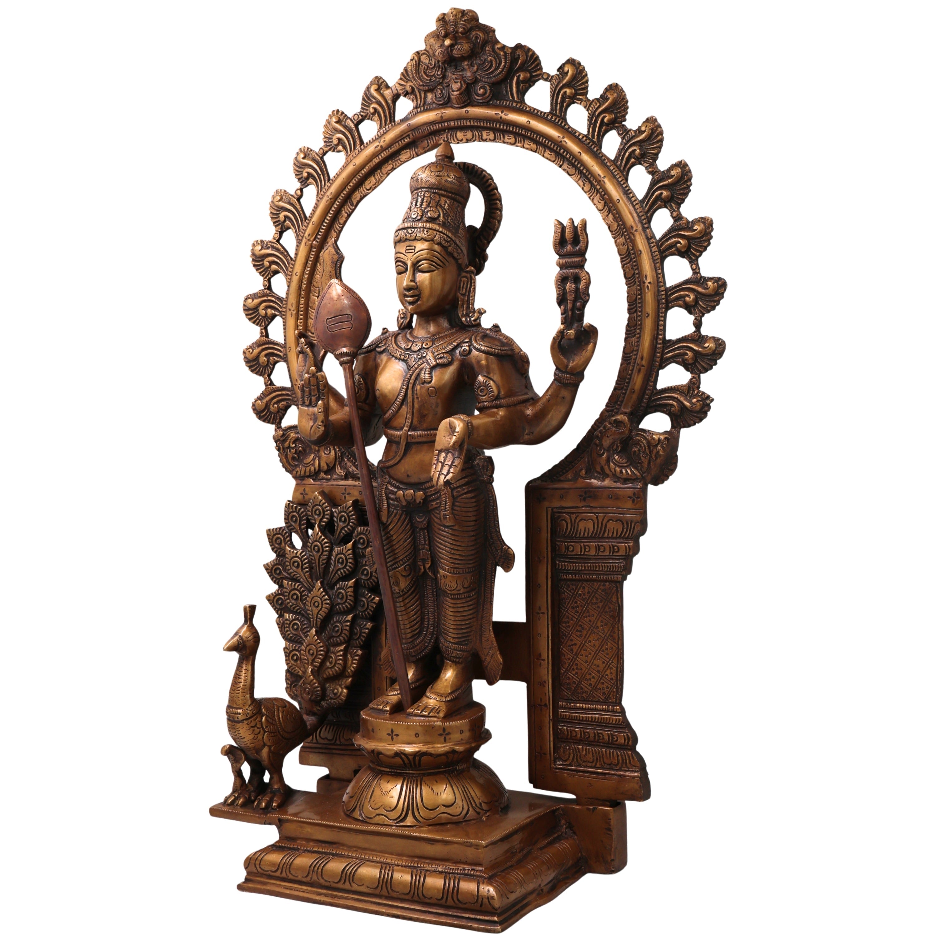 Brass Murugan Kartikeya Idol, Subrahmanya Skanda Kumaraswamy Murti for Pooja, Home Decor, Gifting, Traditional Chola Art, Gold, 22 Inch, 1 Piece