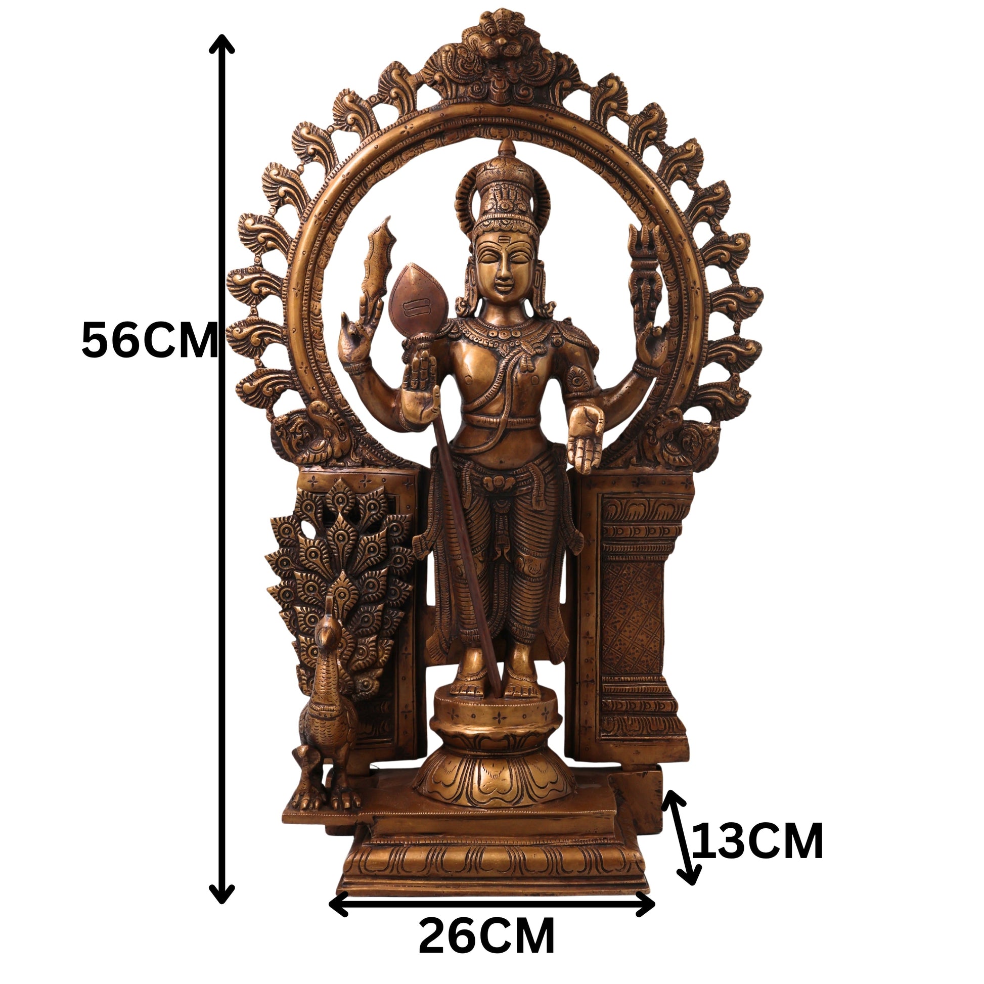 Brass Murugan Kartikeya Idol, Subrahmanya Skanda Kumaraswamy Murti for Pooja, Home Decor, Gifting, Traditional Chola Art, Gold, 22 Inch, 1 Piece