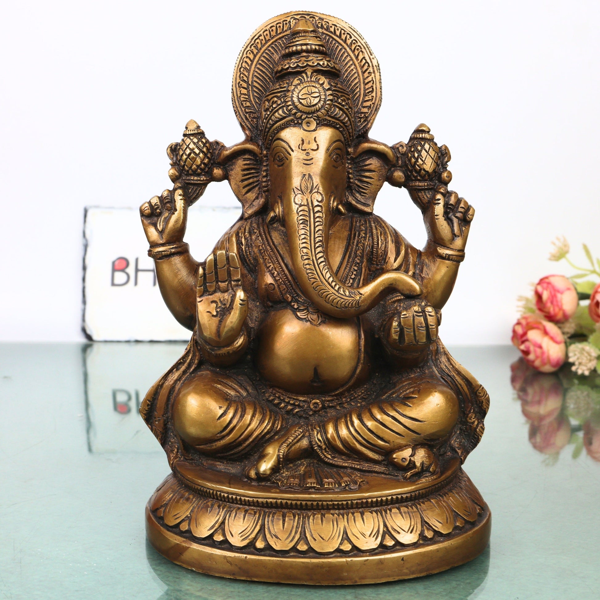 Brass Ganesha Ganapati Vinayaka Idol for Pooja, Home Decor & Gifting Handcrafted Traditional Chola Murti, Gold, 9 Inch, 1 Piece