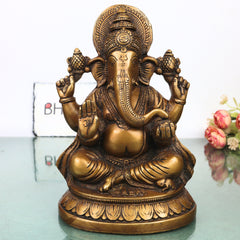 Brass Ganesha Ganapati Vinayaka Idol for Pooja, Home Decor & Gifting Handcrafted Traditional Chola Murti, Gold, 9 Inch, 1 Piece