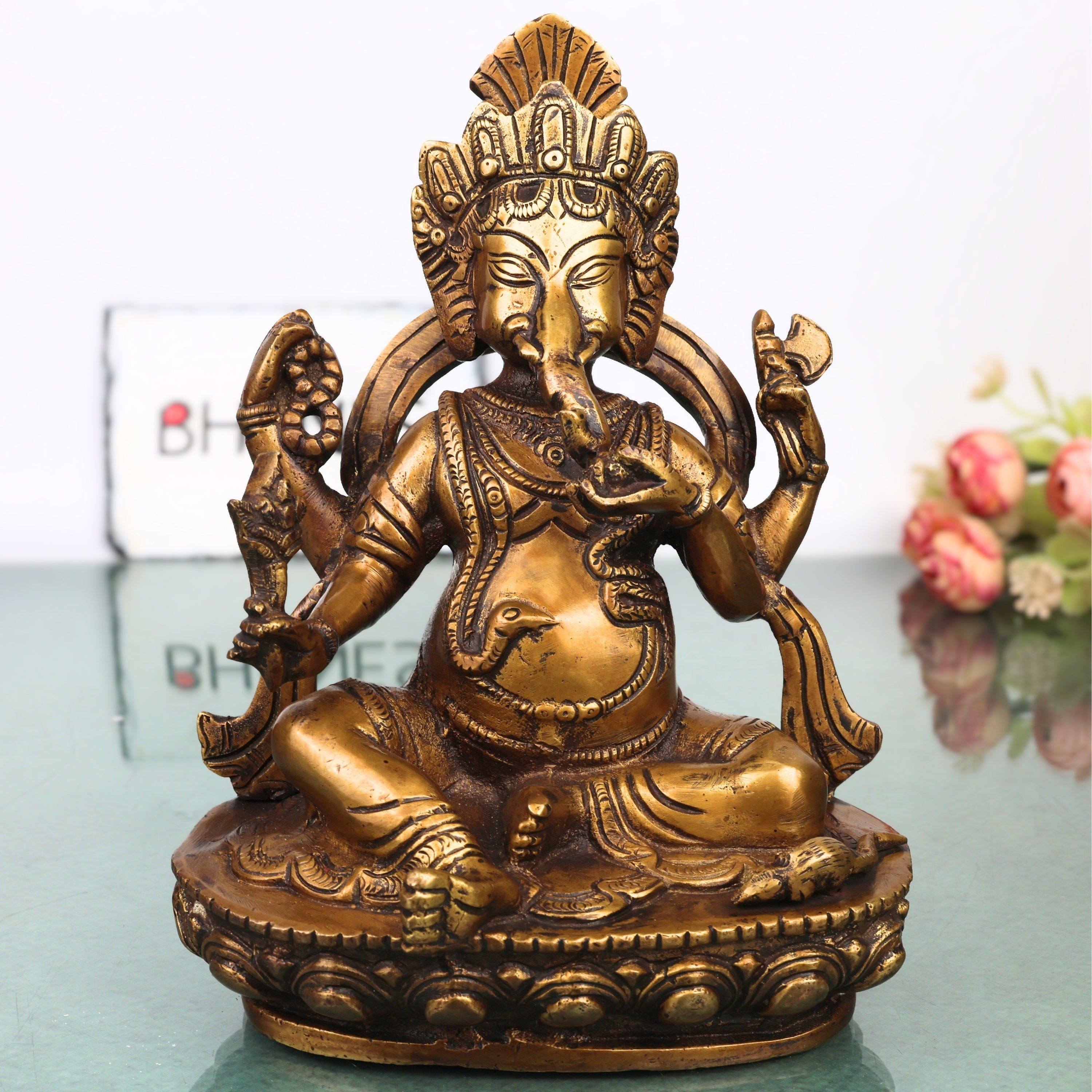 Brass Ganesha Ganapati Vinayaka Idol, Handcrafted Traditional Chola Murti for Pooja, Decor & Gifting, Gold, 9.5 Inch, 1 Piece