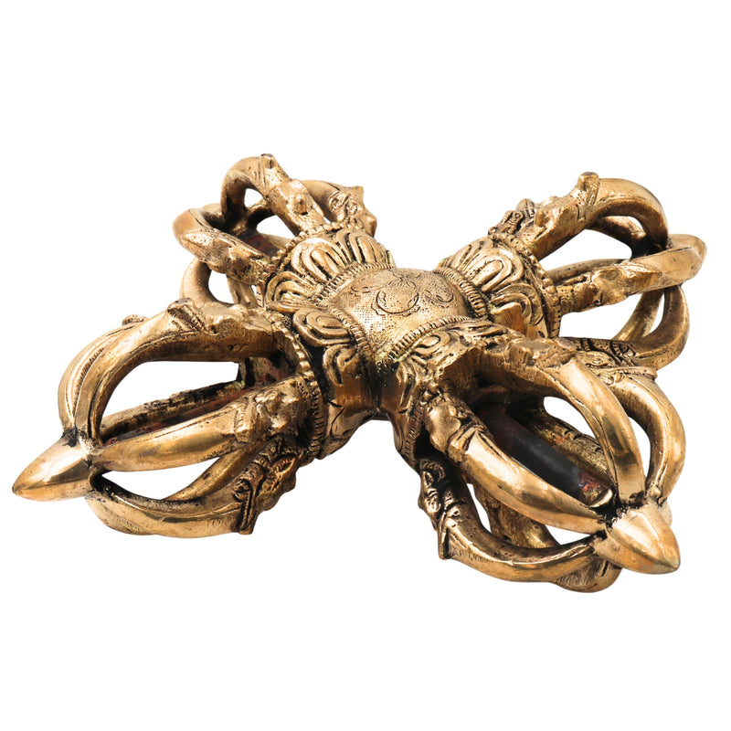 Brass Tibetan Double Dorje Vishva Vajra Handcrafted Traditional Buddhist Altar Pooja Decor Spiritual Gift, Gold, 3 Inch, 1 Piece