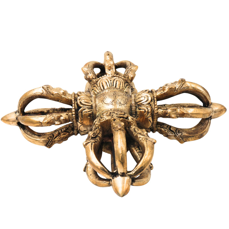 Brass Tibetan Double Dorje Vishva Vajra Handcrafted Traditional Buddhist Altar Pooja Decor Spiritual Gift, Gold, 3 Inch, 1 Piece