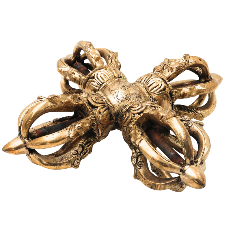 Brass Tibetan Double Dorje Vishva Vajra Handcrafted Traditional Buddhist Altar Pooja Decor Spiritual Gift, Gold, 3 Inch, 1 Piece