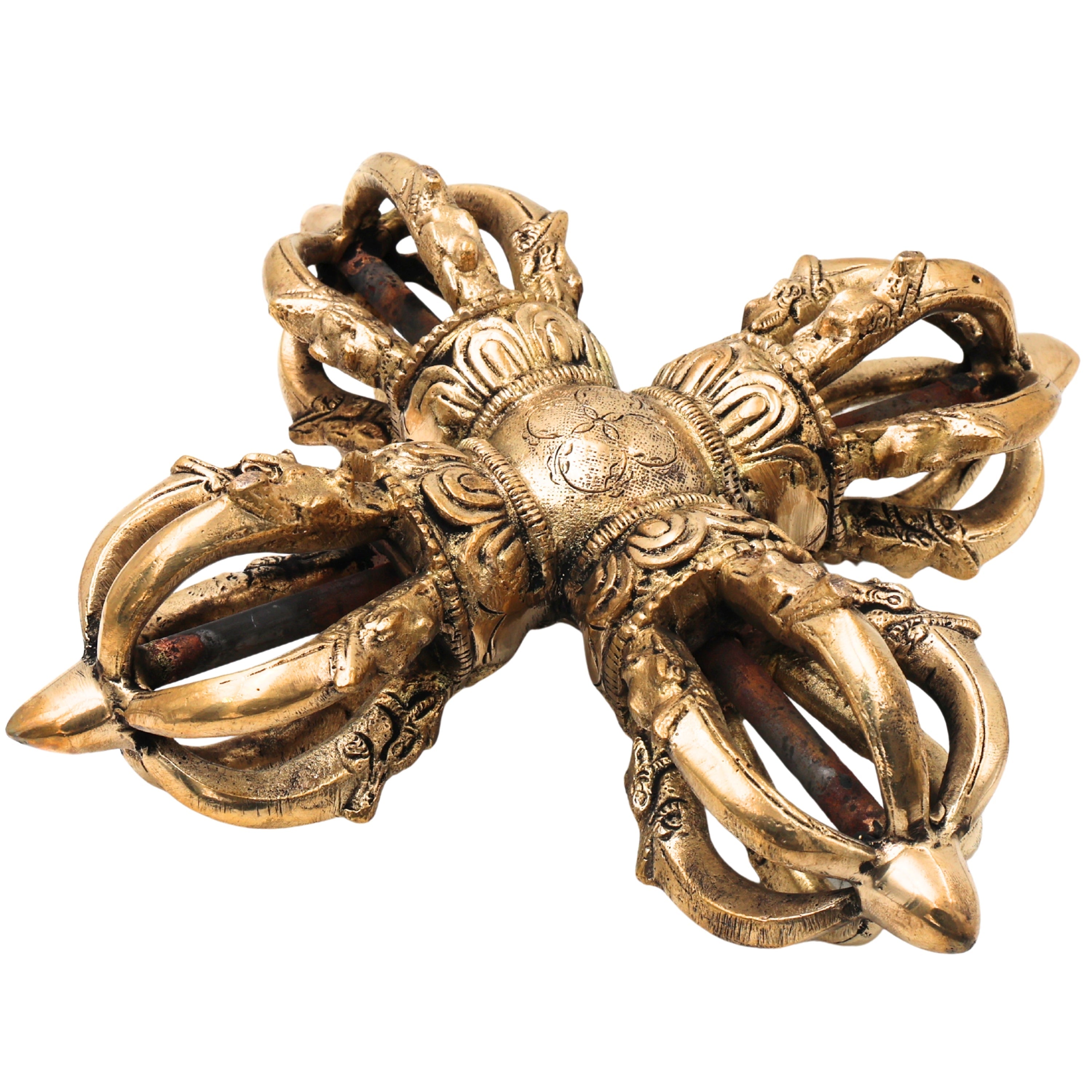 Brass Tibetan Double Dorje Vishva Vajra Handcrafted Traditional Buddhist Altar Pooja Decor Spiritual Gift, Gold, 3 Inch, 1 Piece