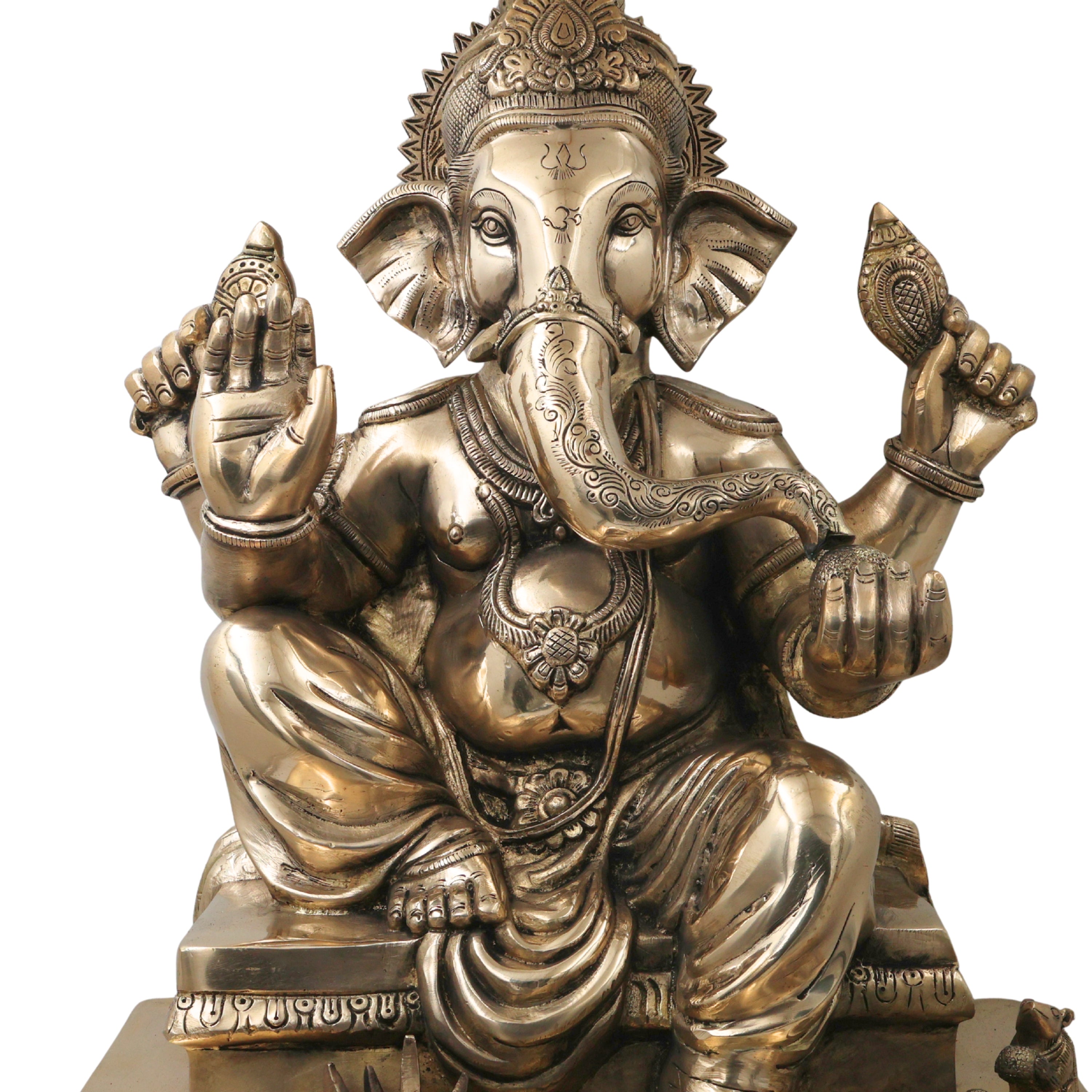 Brass Ganesh Ganapati Vinayaka Idol for Pooja, Home Decor & Gifting, Handcrafted Traditional Chola Statue, Gold, 21 Inch, 1 Piece