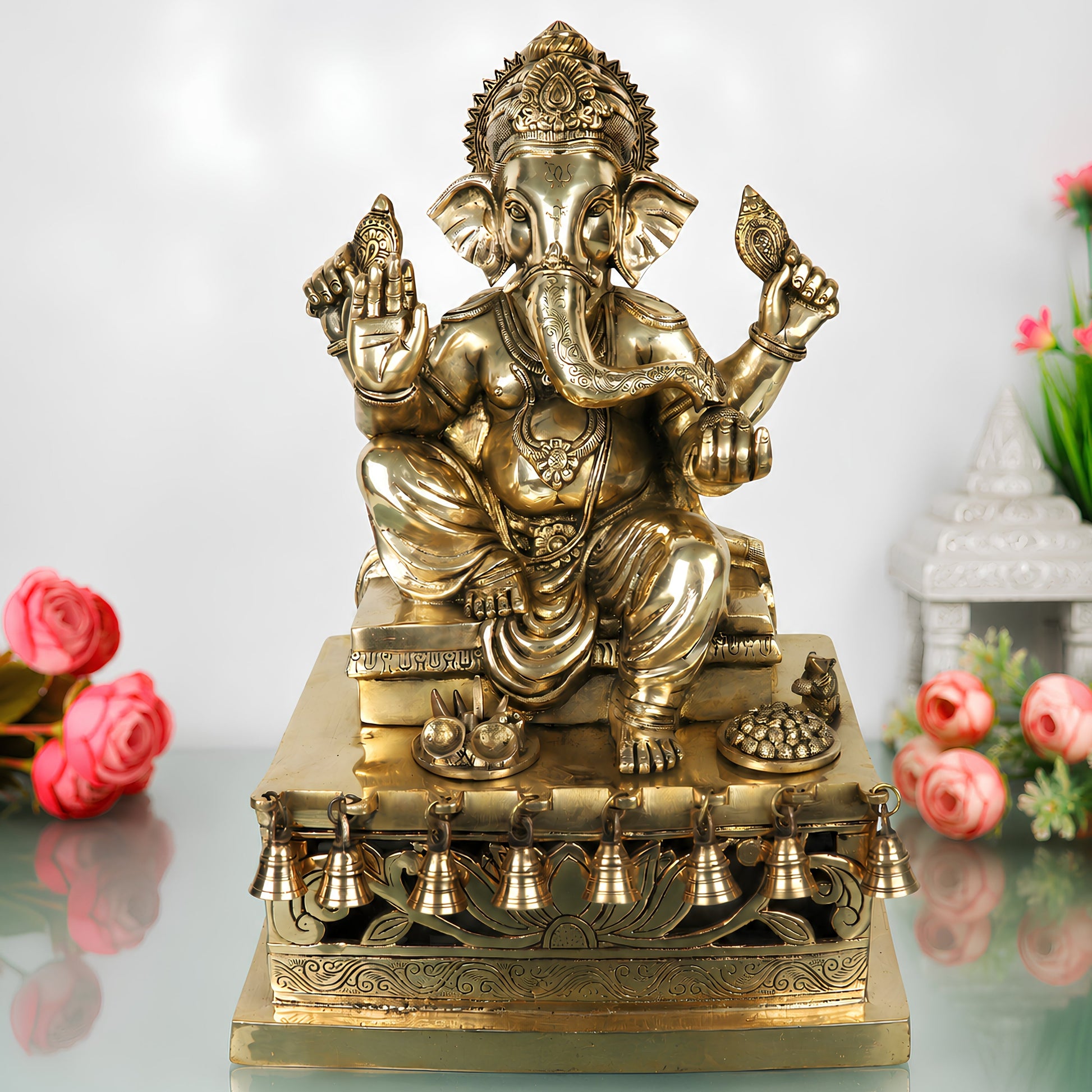 Brass Ganesh Ganapati Vinayaka Idol for Pooja, Home Decor & Gifting, Handcrafted Traditional Chola Statue, Gold, 21 Inch, 1 Piece
