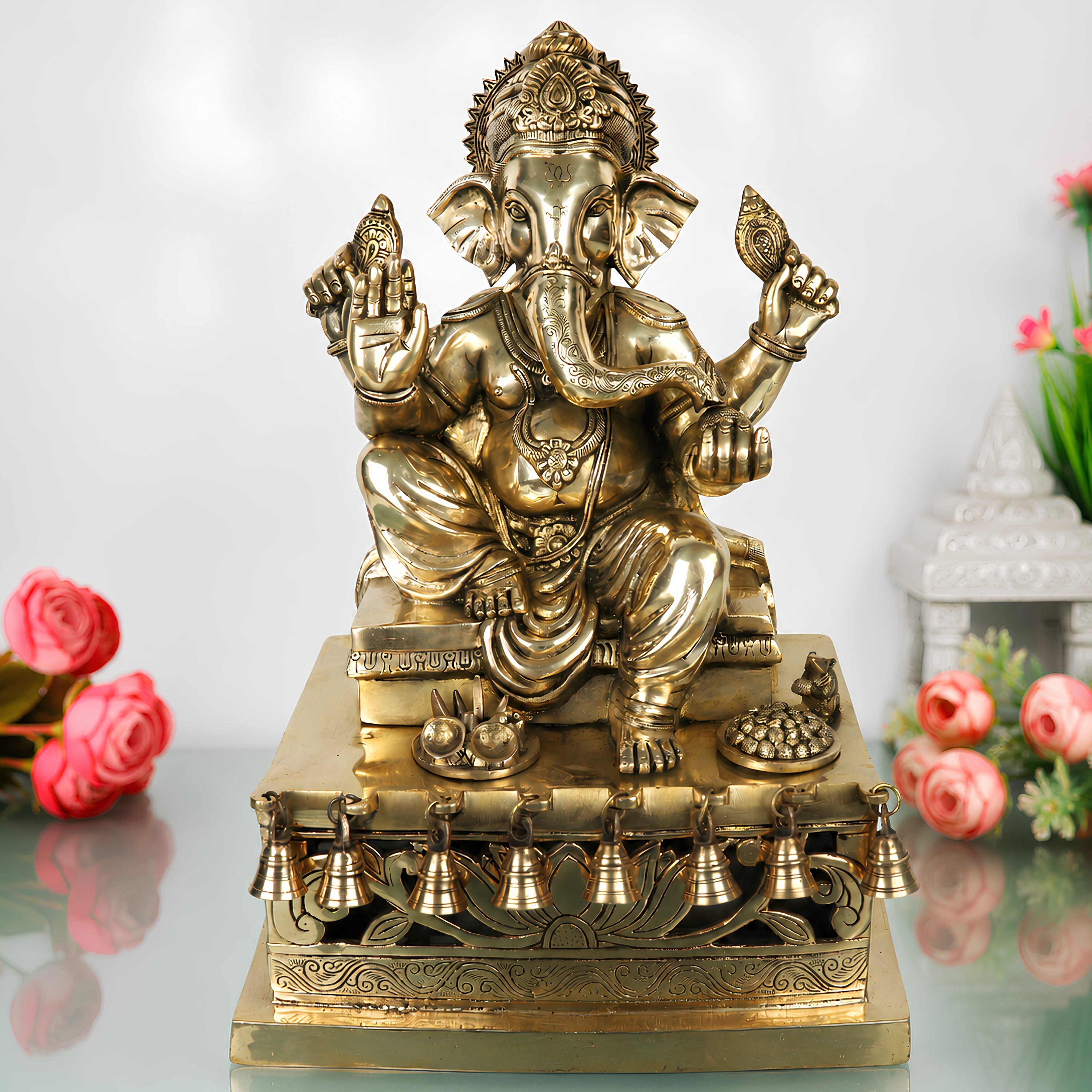 Brass Ganesh Ganapati Vinayaka Idol for Pooja, Home Decor & Gifting, Handcrafted Traditional Chola Statue, Gold, 21 Inch, 1 Piece