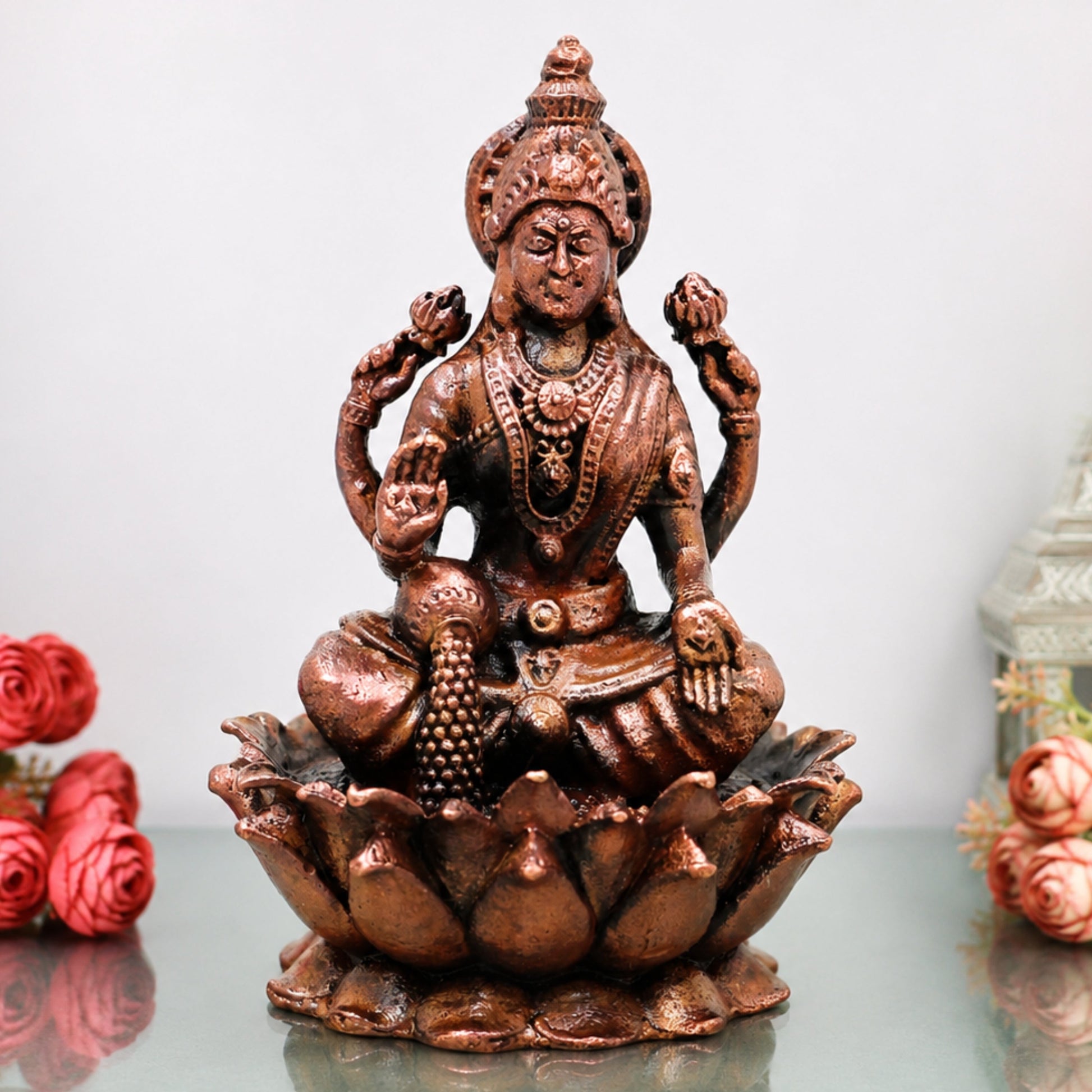 Copper Lakshmi Idol Murti, Mahalakshmi Goddess Statue for Pooja, Home Decor & Spiritual Gifting, Brown, 3 Inch, 1 Piece