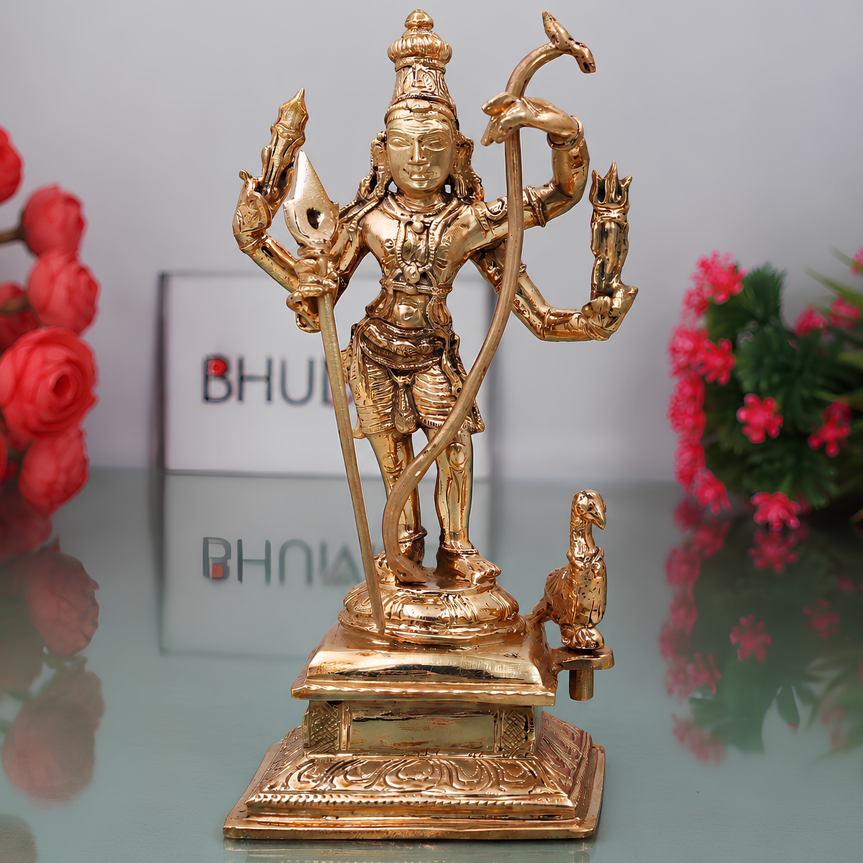 Bronze Murugan Idol, Handcrafted Lord Kartikeya Subrahmanya Skanda Statue for Pooja, Home Decor & Gifting, Gold, 9 Inch, 1 Piece