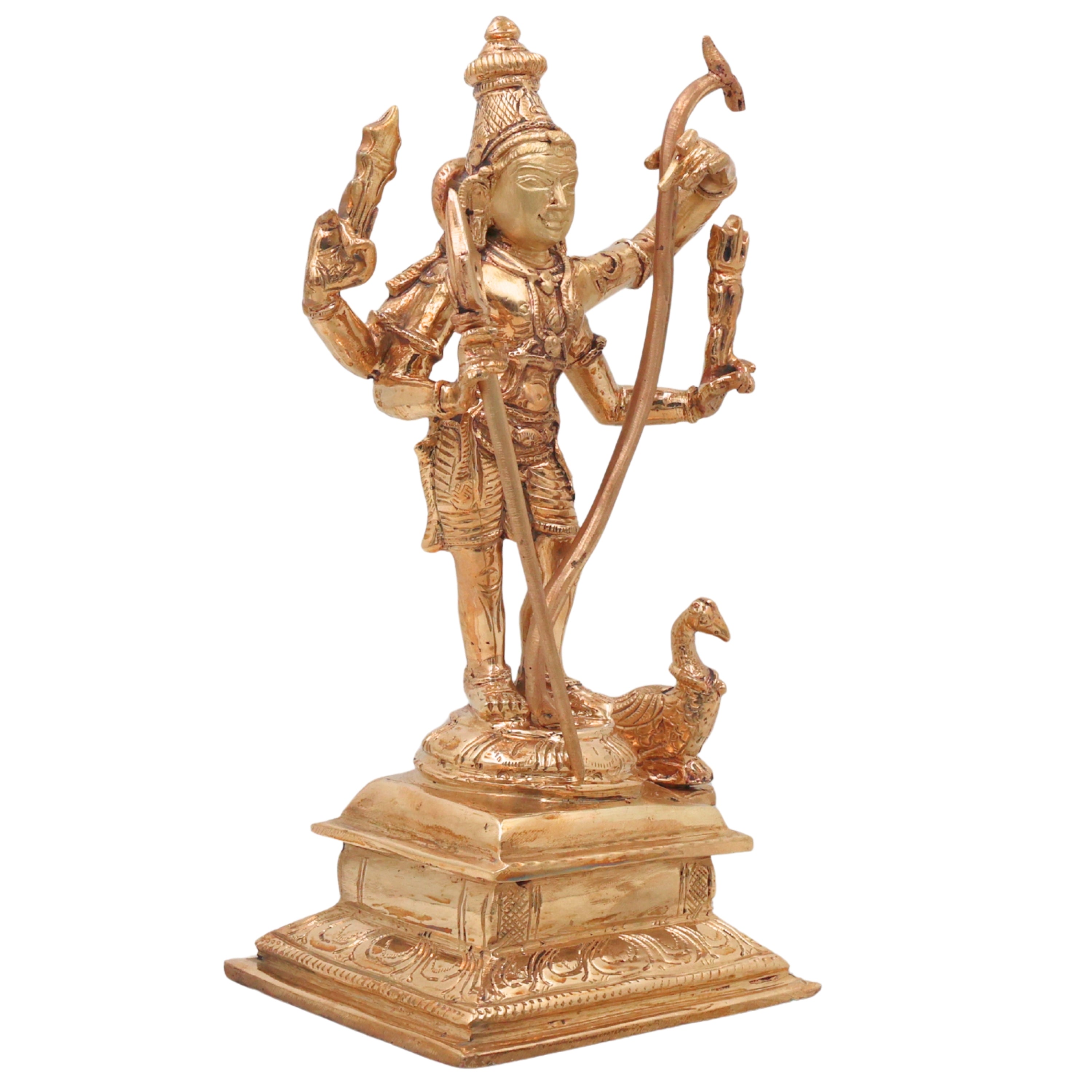 Bronze Murugan Idol, Handcrafted Lord Kartikeya Subrahmanya Skanda Statue for Pooja, Home Decor & Gifting, Gold, 9 Inch, 1 Piece