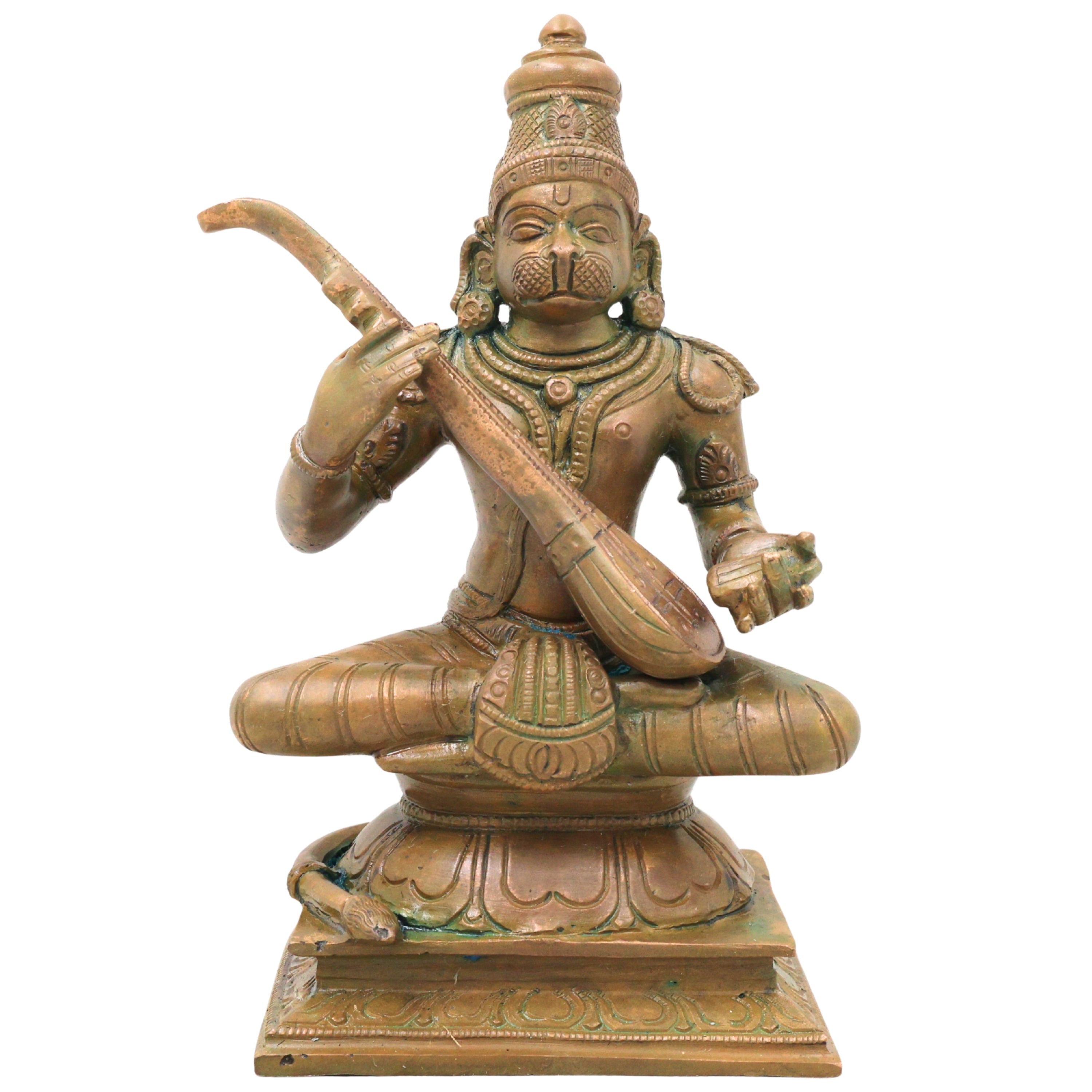 Bronze Veena Pani Hanuman Idol, Handcrafted Chola Anjaneya Murti for Pooja, Home Decor, Temple & Gifting, Brown, 7.5 Inch, 1 Piece