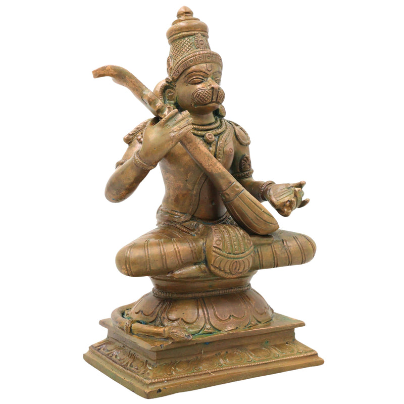 Bronze Veena Pani Hanuman Idol, Handcrafted Chola Anjaneya Murti for Pooja, Home Decor, Temple & Gifting, Brown, 7.5 Inch, 1 Piece