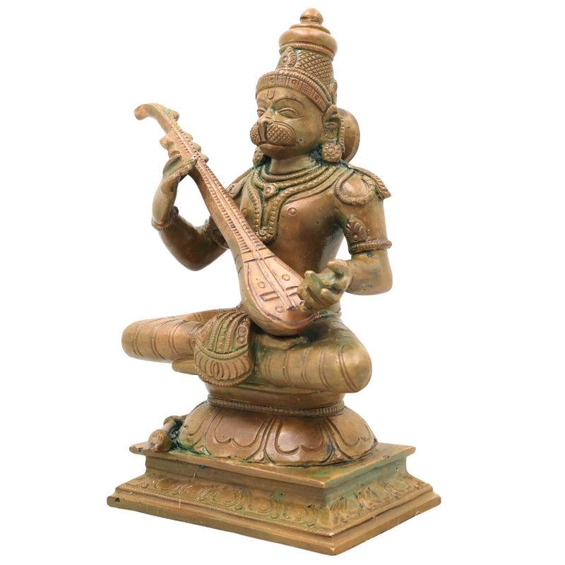Bronze Veena Pani Hanuman Idol, Handcrafted Chola Anjaneya Murti for Pooja, Home Decor, Temple & Gifting, Brown, 7.5 Inch, 1 Piece