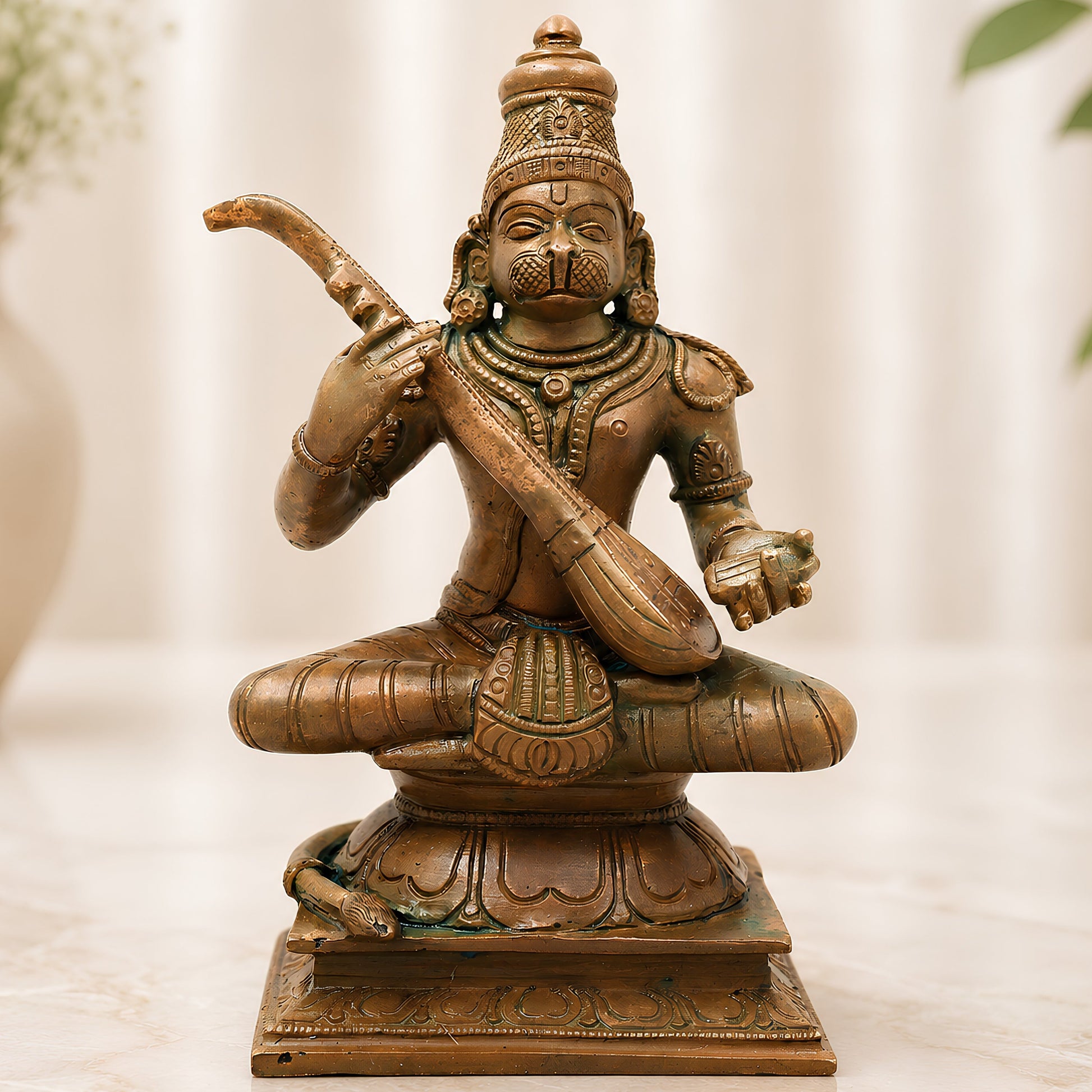 Bronze Veena Pani Hanuman Idol, Handcrafted Chola Anjaneya Murti for Pooja, Home Decor, Temple & Gifting, Brown, 7.5 Inch, 1 Piece
