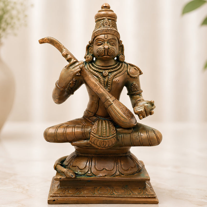 Bronze Veena Pani Hanuman Idol, Handcrafted Chola Anjaneya Murti for Pooja, Home Decor, Temple & Gifting, Brown, 7.5 Inch, 1 Piece