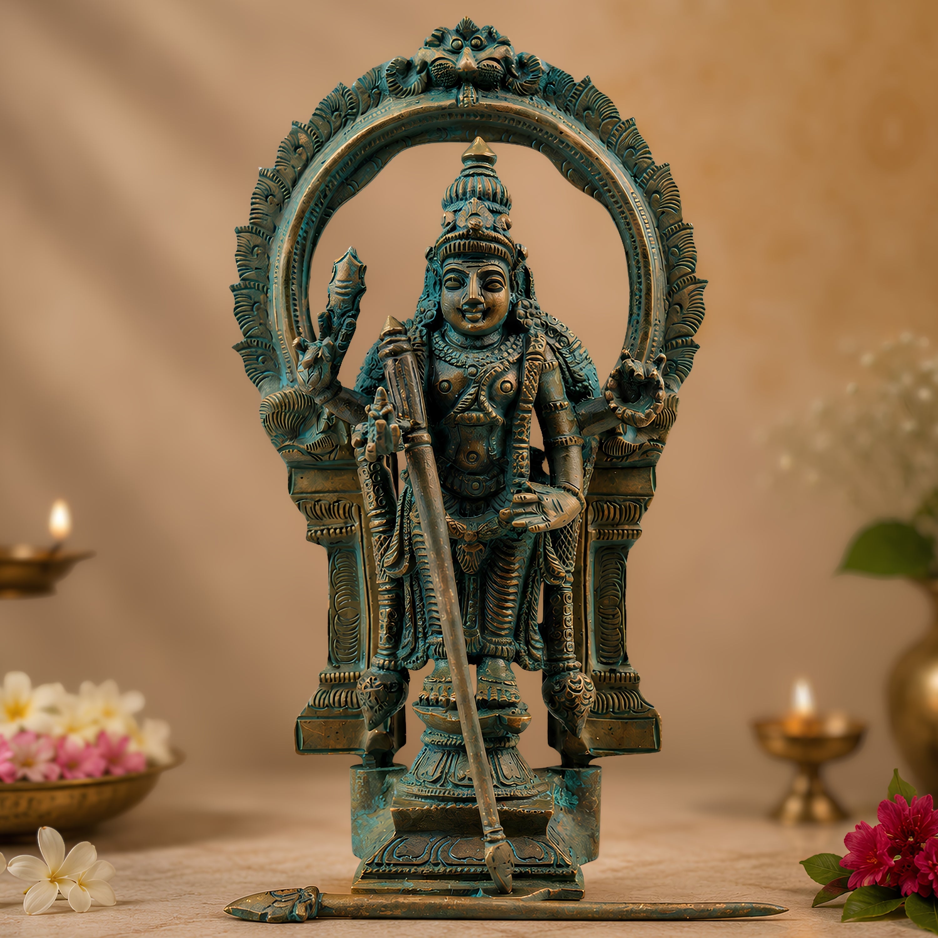 Bronze Thiruchendur Arulmigu Subramaniya Swamy Silai Murugan Skanda Idol, Handcrafted Chola Style Statue for Pooja, Home Decor & Gifting, Brown, 8 Inch, 1 Piece
