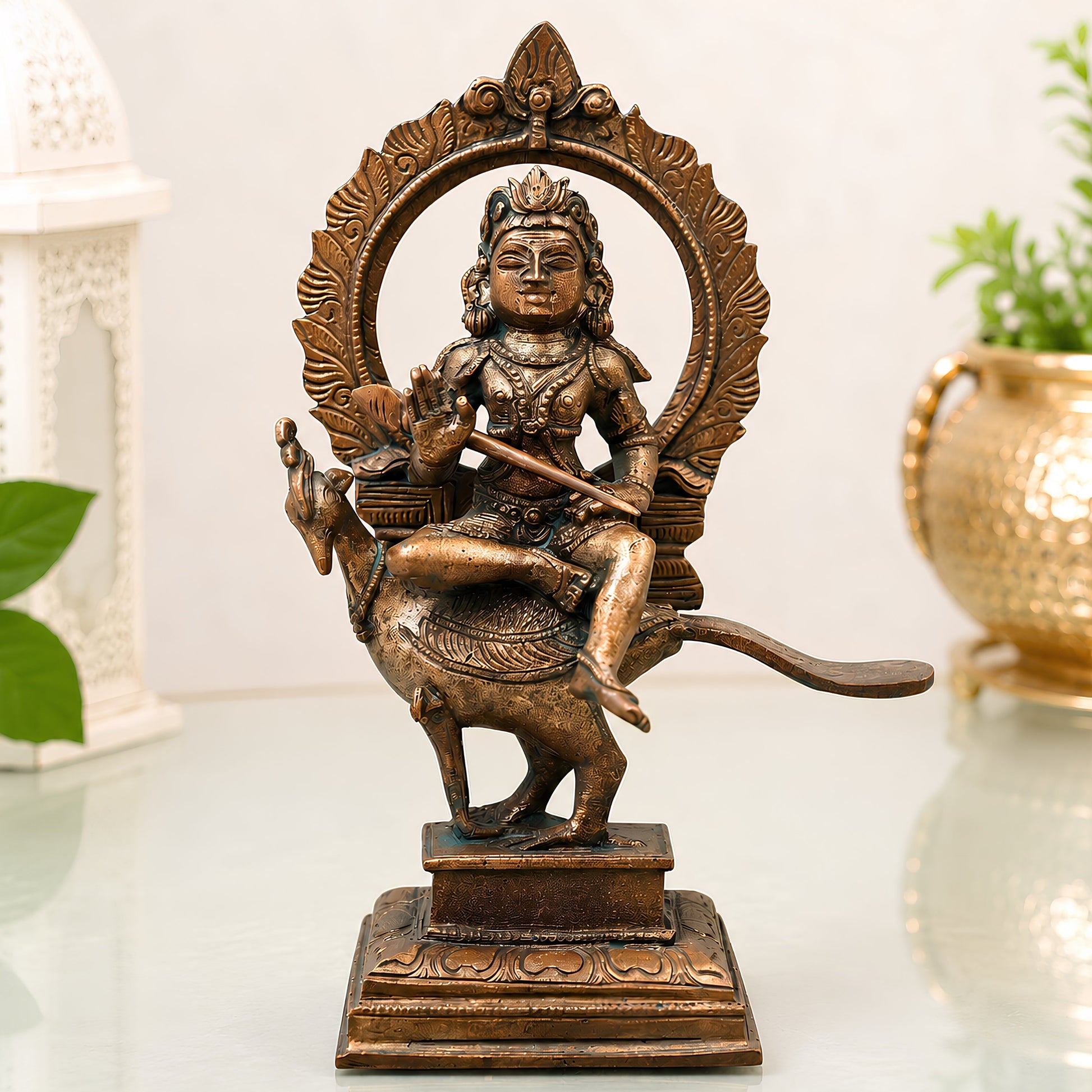 Bronze Murugan on Peacock Idol, Lord Subramanya Kartikeya Statue for Pooja, Home Decor, Gifting, Handcrafted Chola Style, Brown, 8 Inch, 1 Piece