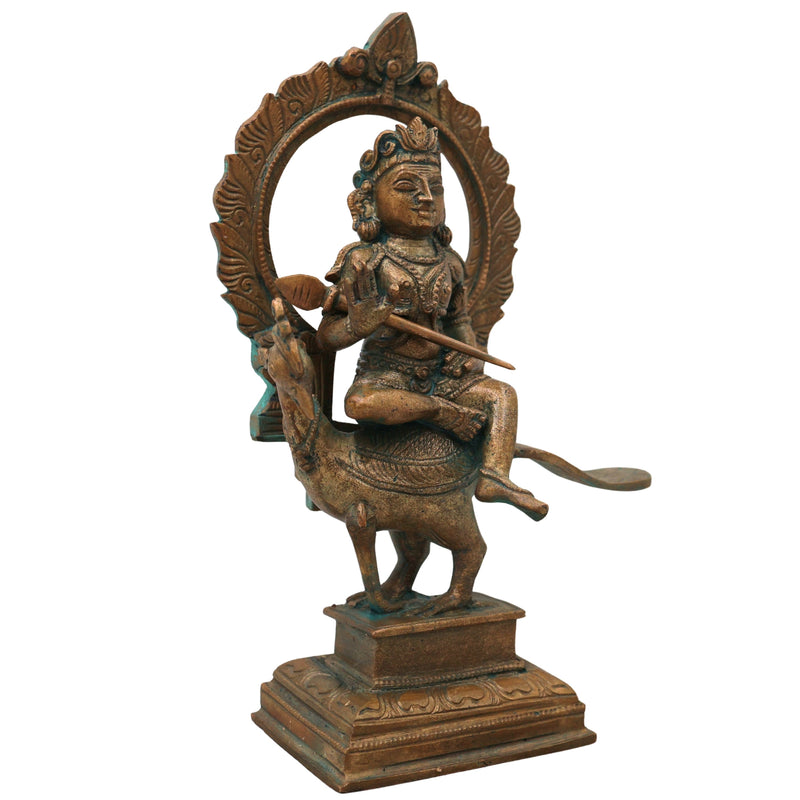 Bronze Murugan on Peacock Idol, Lord Subramanya Kartikeya Statue for Pooja, Home Decor, Gifting, Handcrafted Chola Style, Brown, 8 Inch, 1 Piece