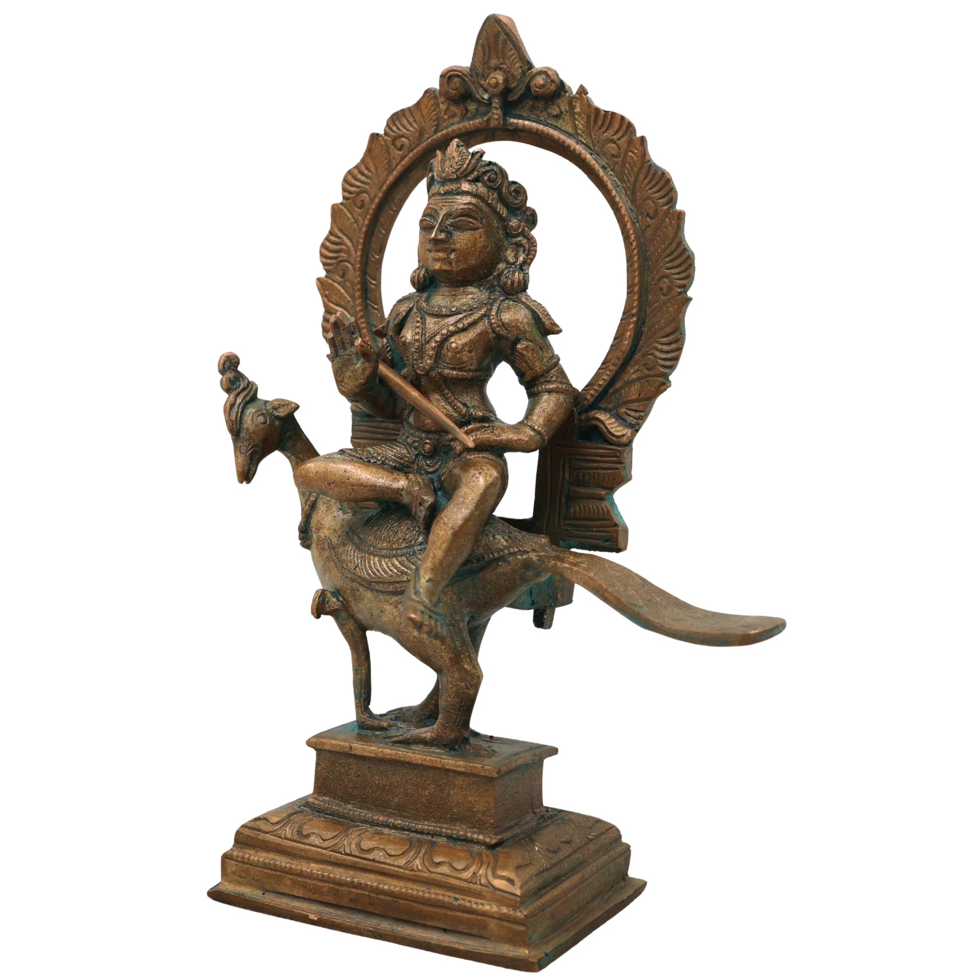 Bronze Murugan on Peacock Idol, Lord Subramanya Kartikeya Statue for Pooja, Home Decor, Gifting, Handcrafted Chola Style, Brown, 8 Inch, 1 Piece