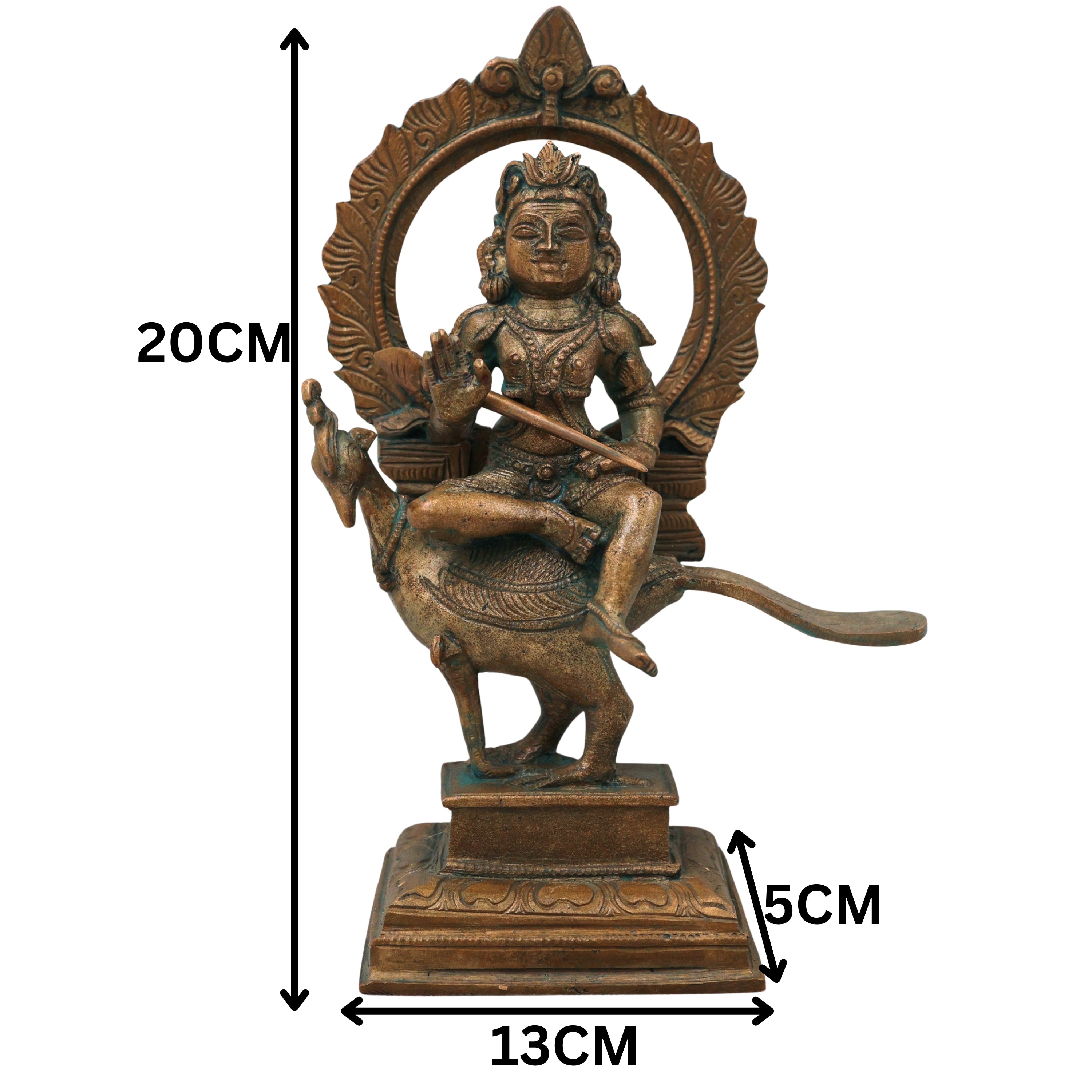 Bronze Murugan on Peacock Idol, Lord Subramanya Kartikeya Statue for Pooja, Home Decor, Gifting, Handcrafted Chola Style, Brown, 8 Inch, 1 Piece
