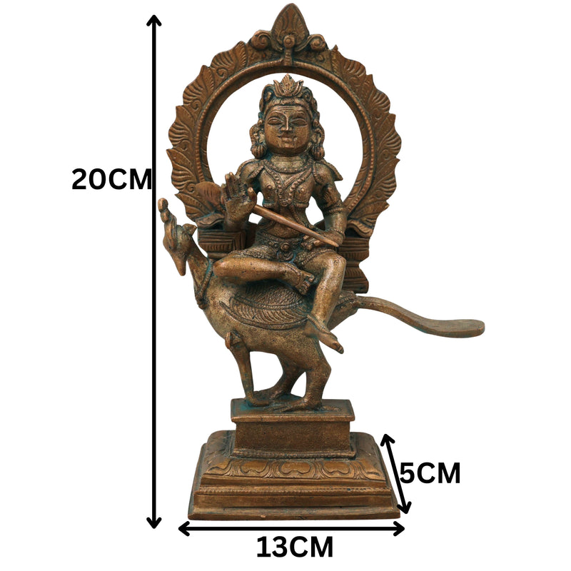 Bronze Murugan on Peacock Idol, Lord Subramanya Kartikeya Statue for Pooja, Home Decor, Gifting, Handcrafted Chola Style, Brown, 8 Inch, 1 Piece