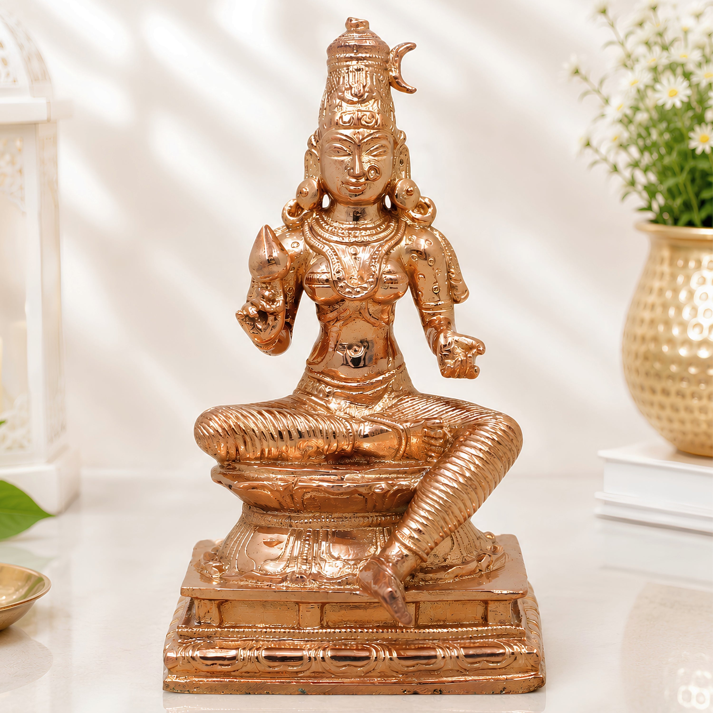 Bronze Parameshwari Idol, Mookambika, Rajarajeshwari Lalita Tripurasundari Murti for Pooja, Home Decor, Gifting, Handcrafted Chola Art, Gold, 6 Inch, 1 Piece