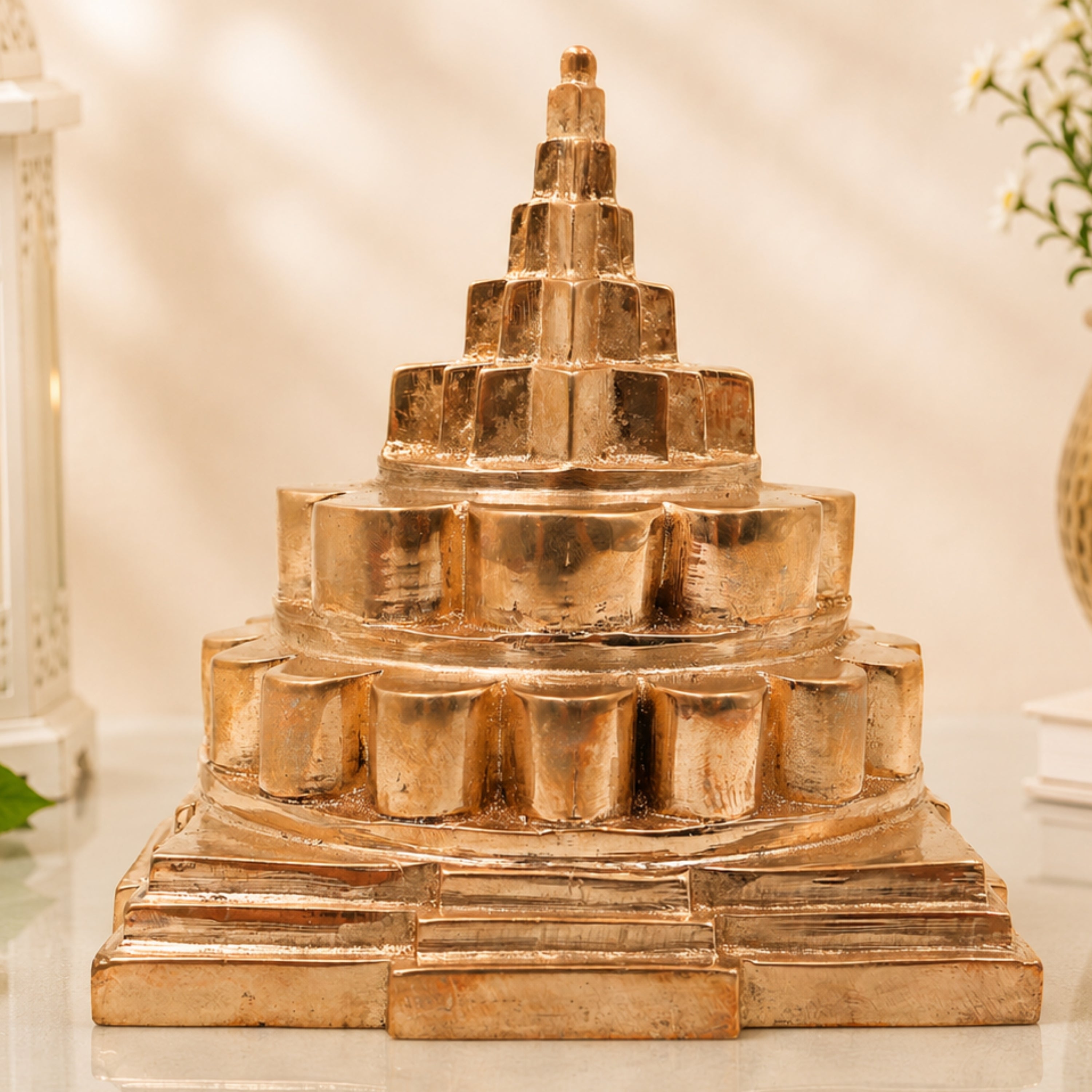 Bronze Mahameru Sri Chakra Yantra for Pooja, Vastu, Home Decor & Auspicious Gifting, Gold, 4.5 Inch, 1 Piece
