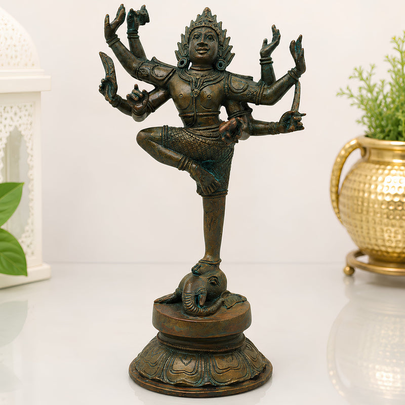 Bronze Gajasura Mardhan Shiva Idol, Handcrafted Chola Gajasamhara Mahadeva Murti for Pooja, Home Decor & Gifting, Brown, 12 Inch, 1 Piece
