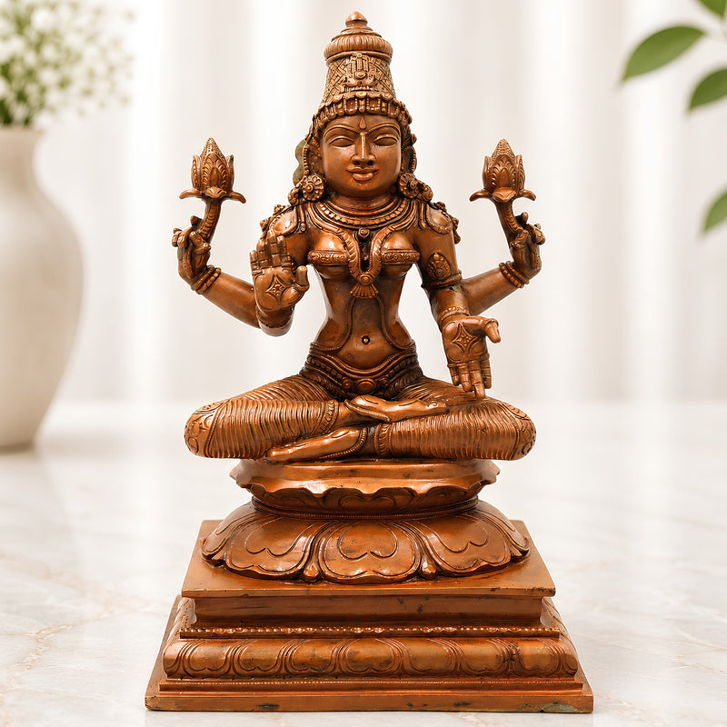 Bronze Maha Lakshmi Idol, Handcrafted Chola Style Lakshmi Devi Murti for Pooja, Vastu, Home Decor & Gifting, Brown, 13 Inch, 1 Piece