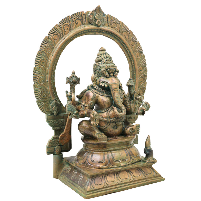 Bronze Narasimha Ganesha Idol, Handcrafted Chola Style Narasimha Ganapati Murti for Pooja, Home Decor & Gifting, Brown, 14 Inch, 1 Piece