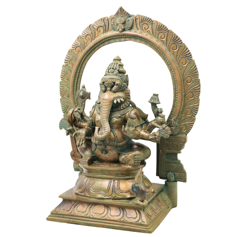 Bronze Narasimha Ganesha Idol, Handcrafted Chola Style Narasimha Ganapati Murti for Pooja, Home Decor & Gifting, Brown, 14 Inch, 1 Piece