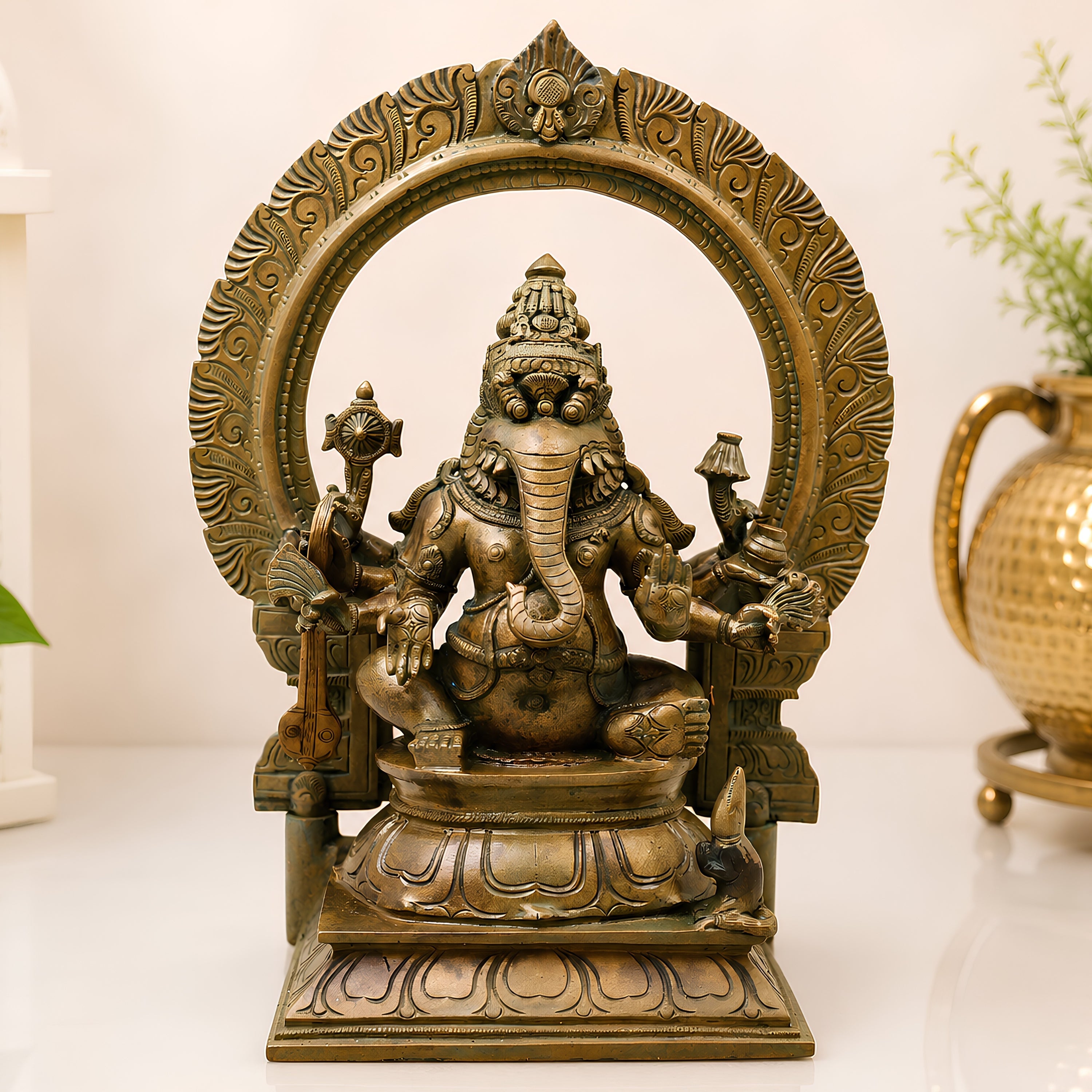 Bronze Narasimha Ganesha Idol, Handcrafted Chola Style Narasimha Ganapati Murti for Pooja, Home Decor & Gifting, Brown, 14 Inch, 1 Piece